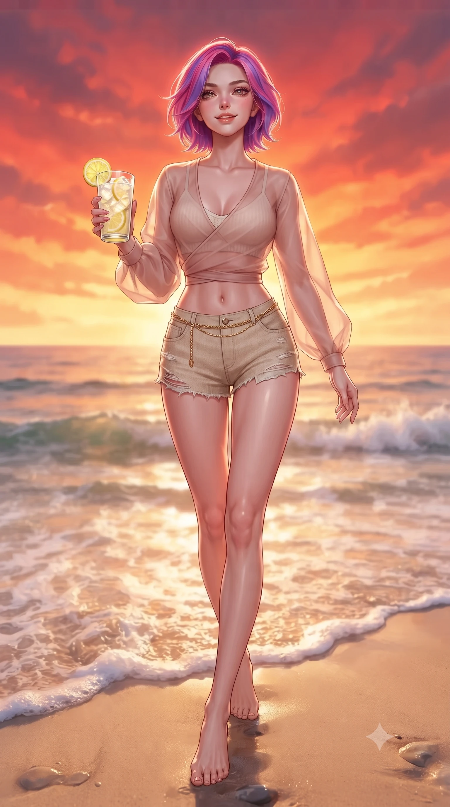 score_9, masterpiece, best quality, ultra-detailed, high-budget anime keyframe, editorial fashion photography, tasteful artistic composition, Caucasian woman. low angle full-body shot from head to toe showing her feet, filling the entire 9:16 vertical frame with her statuesque presence, stretching her vertical silhouette. stepping forward with an alluring, magnetic smile, her graceful posture highlighting her statuesque silhouette set against a soft-focus background of on a sunny sandy beach with small waves washing over her feet holding a glass of iced lemonade with a slice of fresh lemon. She has an absolutely perfect, statuesque 8.5-heads proportion, an exceptionally tall and slender model-like female figure with impossibly long slender legs and an ultra-slim waist. sharp v-shaped jawline, high-bridge nose, intricate jewel-like eyes with depth, thick eyelashes, glossy lips with a natural sheen. wearing body-hugging sheer organza wrap top over a slim-fit knit bralette and low-cut linen shorts. the dramatic red and orange sunset sky casting a majestic rim light on her. highly saturated vibrant anime colors, detailed shading with soft gradients, rich glossy textures, high-contrast stereoscopic depth, volumetric dynamic lighting, master piece, 9:16 ratio