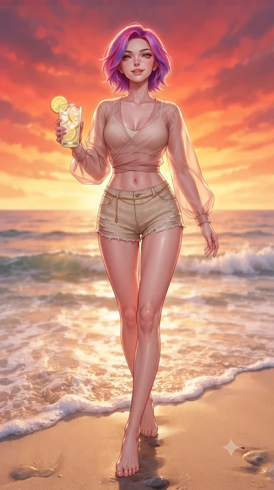 score_9, masterpiece, best quality, ultra-detailed, high-budget anime keyframe, editorial fashion photography, tasteful artistic composition, Caucasian woman. low angle full-body shot from head to toe showing her feet, filling the entire 9:16 vertica