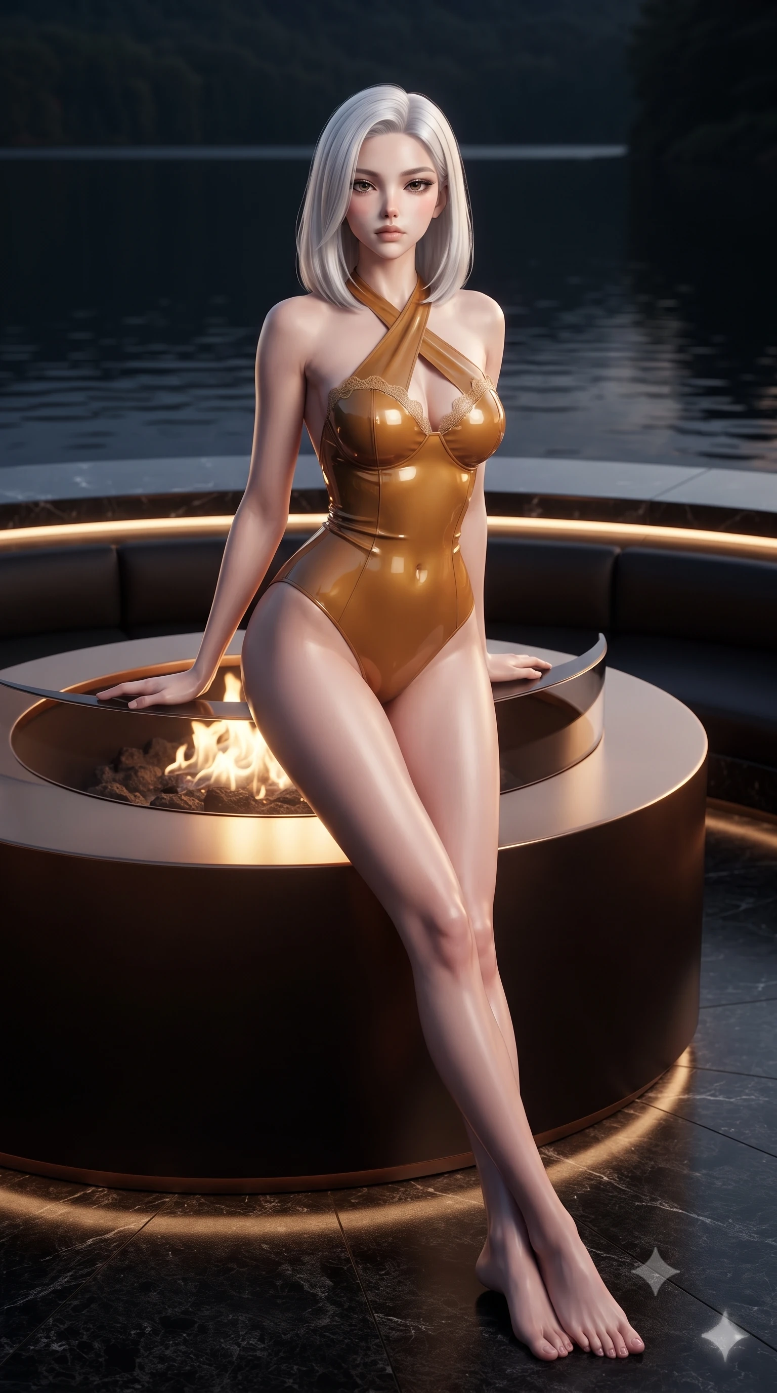 score_9, masterpiece, best quality, ultra-detailed, high-budget anime keyframe, editorial fashion photography, tasteful artistic composition, Korean woman. low angle full-body shot from head to toe showing her feet, filling the entire 9:16 vertical frame with her statuesque presence, stretching her vertical silhouette. leaning deep against the balcony balustrade with hips cocked back in an unapologetically alluring high-fashion stance, casting an intoxicating glance while lounging in the circular sunken fire-pit lounge with legs crossed, looking over a bare shoulder toward the obsidian lake with an intoxicating bedroom-gaze. The surrounding environment is rendered in vivid detail and crisp panoramic clarity: sharp flamed black granite stone texture, water ripple meniscus clarity, and polished bronze fire-pit rim in deep focus. She has an absolutely perfect, statuesque 8.5-heads proportion, an exceptionally tall and slender model-like female figure with impossibly long slender legs, an ultra-slim waist, a flat toned midriff, narrow delicate ribcage, and beautifully sculpted feminine hips creating a graceful, slim hourglass silhouette without any bulky heaviness. sharp v-shaped jawline, high-bridge nose, sparkling eyes with hypnotic seductive depth, thick curled eyelashes, glossy parted lips with a natural dewy peach sheen, alluring bedroom-eyes with an enchanting coquettish smile, exuding magnetic siren charisma and sophisticated glamour, flawlessly proportioned anatomical accuracy, strict slender model proportions, natural body alignment, perfectly sculpted long slender limbs, ultra-slim waistline, clean dynamic posture without body distortion. wearing a criss-cross halterneck keyhole bodysuit with open back and sculpted waist darts in warm amber honey and antique gold leaf, crafted from wet-look high-gloss vinyl fabric with dazzling specular surface reflections, finished with scalloped eyelash lace trim framing her sweetheart neckline with intimate elegance, the high-slit wrap tailoring accentuating her ultra-slim waistline and the enchanting curve of her feminine hips with alluring seductive charm. illuminated by water reflection caustics and sharp platinum-gold rim lights sculpting her razor-sharp jawline, narrow waist, and curvy hips. ultra-reflective glossy finish, specular highlights, rich textural contrasts, high-contrast stereoscopic depth, volumetric dynamic lighting, 2k, ultra detail, master piece, 9:16 ratio