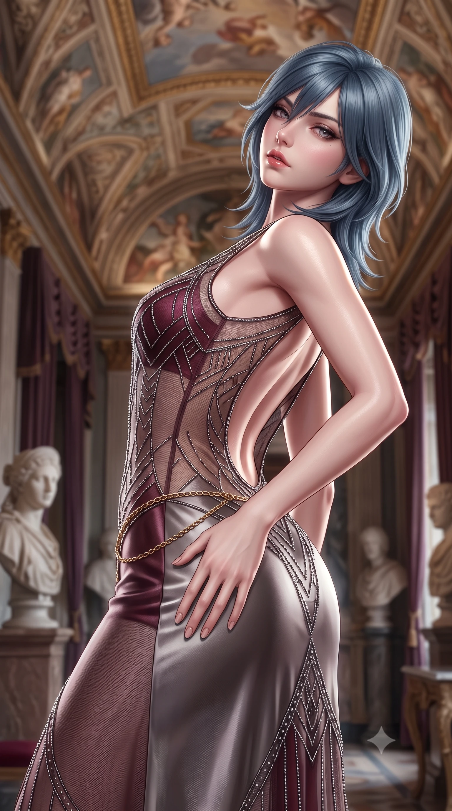 score_9, masterpiece, best quality, ultra-detailed, high-budget anime keyframe, semi-realistic 3D game render, editorial fashion photography, tasteful artistic composition, Caucasian woman. close-up cowboy shot from the waist and thighs up, the character dominates the composition, filling the frame with her large presence. arching her spine backward with effortless dancer poise, one hand sliding along her hip line as directional light carves specular highlights along her silhouette while standing poised beneath soaring Renaissance frescoed ceilings, twisting her slender torso in an alluring contrapposto stance. The composition keeps background elements in soft focus with creamy bokeh. marble bust statues and velvet draperies softened in classical artistic shallow focus. She has an exceptionally elegant, slender, and willowy female figure with an ultra-slim waist, flat toned midriff, narrow ribcage, and sculpted feminine hips creating an alluring, slim hourglass silhouette without bulk. sharp v-shaped jawline, high-bridge nose, intricate jewel-like eyes with depth, thick eyelashes, glossy parted lips with a natural sheen, intensely captivating and seductive bedroom-eyes expression, flawlessly proportioned anatomical accuracy, strict slender model proportions, natural body alignment, perfectly sculpted long slender limbs, ultra-slim waistline, clean dynamic posture without body distortion. wearing a sheer vintage mesh flapper dress adorned with intricate geometric beadwork over an opaque silk slip in deep wine burgundy and brushed dark platinum, tailored from ultra-smooth duchess satin with a pearlescent sheen, accented with a delicate gold chain belt resting loosely on her curvy hips, the dramatically scooped open back descending to the base of her spine, accentuating her razor-sharp statuesque lines and slim hourglass silhouette. illuminated by crisp sculptural key lighting carving her narrow waist, curved hips, and statuesque limbs. highly saturated vibrant anime colors, detailed shading with soft gradients, rich glossy textures, high-contrast stereoscopic depth, volumetric dynamic lighting, master piece, 9:16 ratio