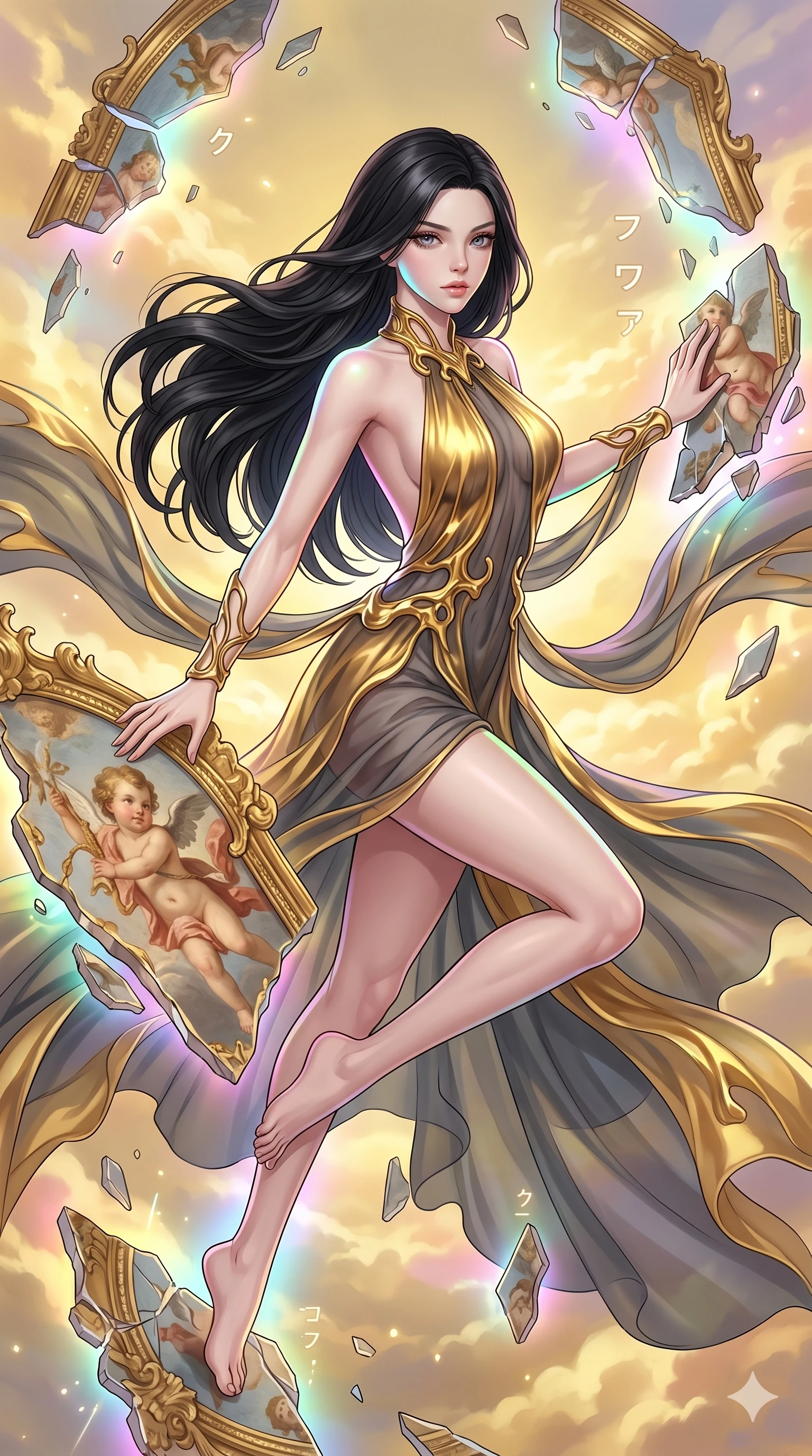 score_9, masterpiece, best quality, ultra-detailed, high-budget anime keyframe, Caucasian woman, strictly human ears. upper body close-up from the thighs up, character filling the screen for maximum presence. propelling herself off digital baroque ceiling fresco shards that float and reassemble in a golden sky. She has an absolutely perfect 8-heads proportion, an exceptionally tall and slender female figure with impossibly long slender legs and an ultra-slim waist. V-shaped jawline, high-bridge nose, intricate jewel-like eyes with depth, thick eyelashes, glossy lips with a natural sheen.. wearing a molten gold and chiffon gown, featuring organic liquid gold collar and cuffs on a translucent charcoal-gray halter neck chiffon gown with a deep backless design. enhanced by a luminous pastel spectrum glow, casting elegant rim lights on her shoulders and jawline. 2k, ultra detail, master piece, 9:16 ratio