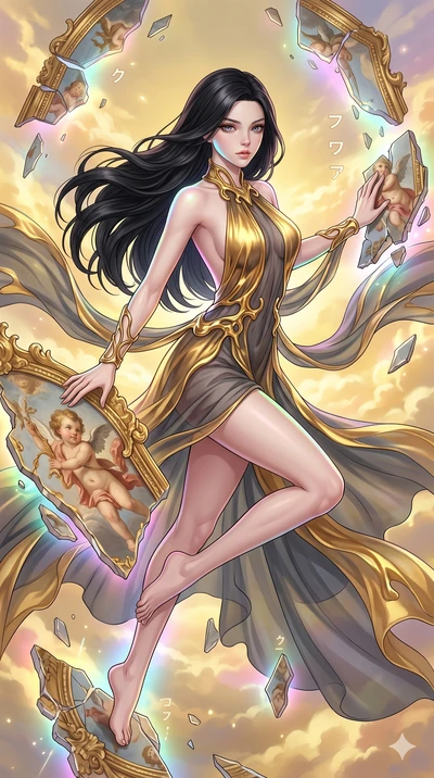 score_9, masterpiece, best quality, ultra-detailed, high-budget anime keyframe, Caucasian woman, strictly human ears. upper body close-up from the thighs up, character filling the screen for maximum presence. propelling herself off digital baroque ce