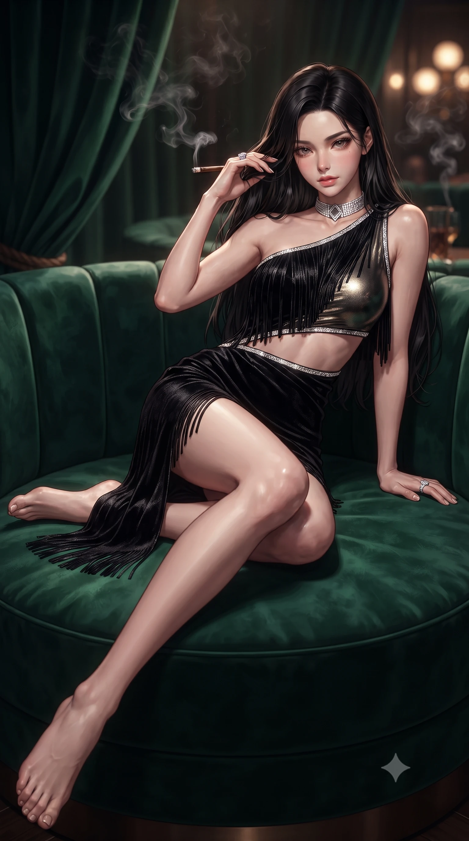 score_9, masterpiece, best quality, ultra-detailed, high-budget anime keyframe, editorial fashion photography, tasteful artistic composition, Korean woman. low angle full-body shot from head to toe showing her feet, filling the entire 9:16 vertical frame with her statuesque presence, stretching her vertical silhouette. reclining on her side in an elegant Cleopatra pose with one knee drawn up, the dramatic contour of her rounded hips and long slender legs commanding the 9:16 vertical frame while lounging languidly in a circular VIP booth of emerald velvet, running fingers through her glossy hair as jazz music drifts. The composition keeps background elements in soft focus with creamy bokeh. drifting cigar smoke wisps and dark velvet draperies softened in luxurious 1920s shallow focus. She has an absolutely perfect, statuesque 8.5-heads proportion, an exceptionally tall and slender model-like female figure with impossibly long slender legs, a toned flat midriff, an ultra-slim waist, and beautifully sculpted feminine hips. sharp v-shaped jawline, high-bridge nose, intricate jewel-like eyes with depth, thick eyelashes, glossy parted lips with a natural sheen, intensely captivating and seductive bedroom-eyes expression, flawlessly proportioned anatomical accuracy, strict slender model proportions, natural body alignment, perfectly sculpted long slender limbs, ultra-slim waistline, clean dynamic posture without body distortion. wearing an asymmetric one-shoulder fringe flapper dress with an exposed midriff cutout in pitch black velvet with glittering diamond trim, crafted from luxurious metallic lamé that shifts radiance with every step, complemented by a bold geometric diamond choker and glittering cocktail ring, the form-contouring material adhering flawlessly to her sculpted flat midriff and slender torso, emphasizing her long leg lines and perfectly proportioned willowy build. illuminated by rich directional firelight sculpting every feminine curve of her slender silhouette. ultra-reflective glossy finish, specular highlights, rich textural contrasts, high-contrast stereoscopic depth, volumetric dynamic lighting, 2k, ultra detail, master piece, 9:16 ratio