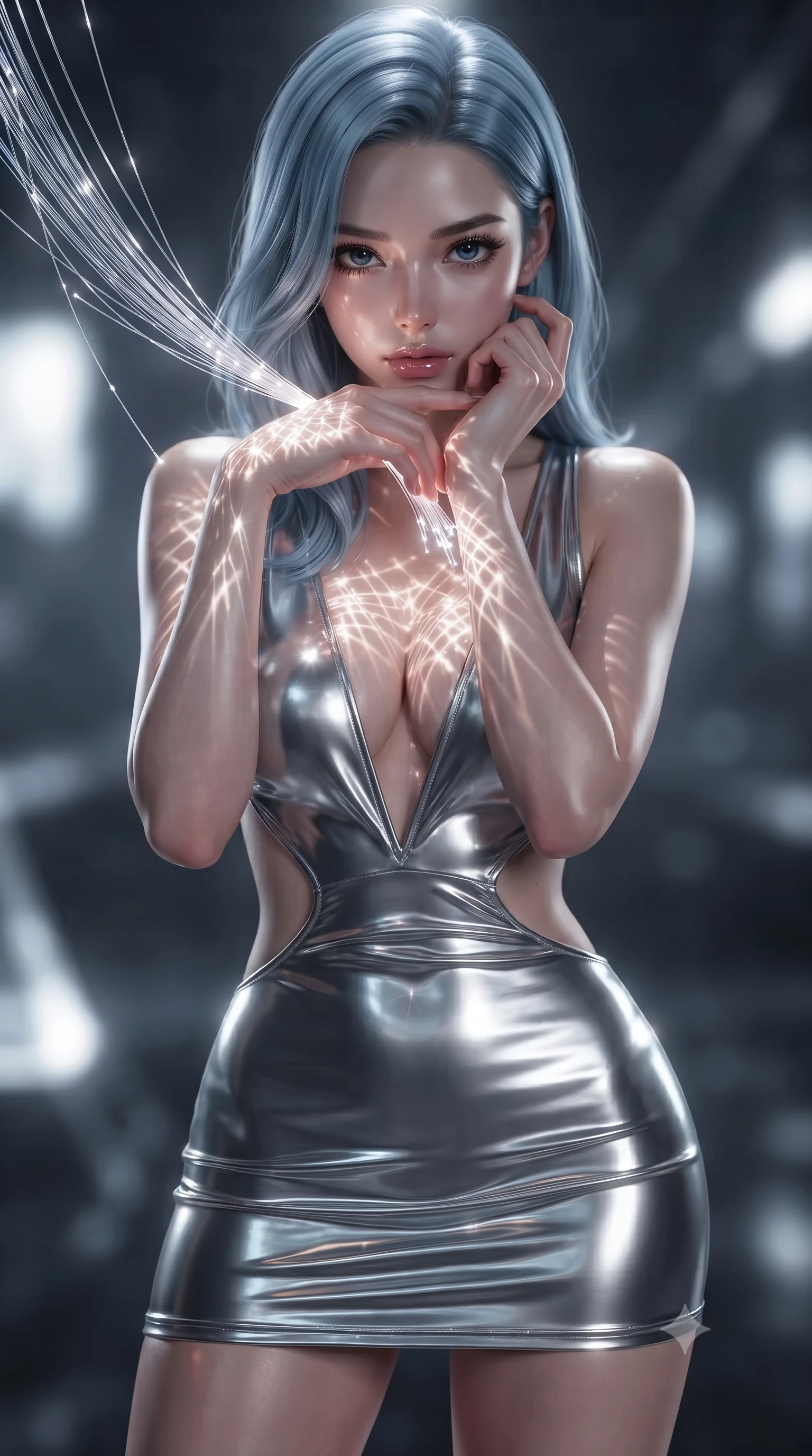 score_9, masterpiece, best quality, ultra-detailed, high-budget anime keyframe, editorial fashion photography, tasteful artistic composition, Korean woman. close-up cowboy shot from the waist and thighs up, the character dominates the composition, filling the frame with her large presence, background elements kept in soft focus. Resting her chin on the backs of her fingers, casting a sharp, mysterious gaze touching a cluster of luminescent filament threads casting brilliant lattice beams, intricate geometric lattice patterns of light projected onto her skin. She has an exceptionally elegant, slender, and willowy female figure with an ultra-slim waist, a gracefully sculpted slender torso, and a refined silhouette. sharp v-shaped jawline, high-bridge nose, intricate jewel-like eyes with depth, thick eyelashes, glossy lips with a natural sheen. wearing a liquid mercury gloss mini dress with ultra-deep plunging V-neck and dramatic waist cutouts, the form-contouring material highlighting her ultra-slim waist and long lines. lit by intense fiber optic light rays creating stunning contrast and depth. ultra-reflective glossy finish, specular highlights, metallic sheen, high-contrast stereoscopic depth, volumetric dynamic lighting, 2k, ultra detail, master piece, 9:16 ratio