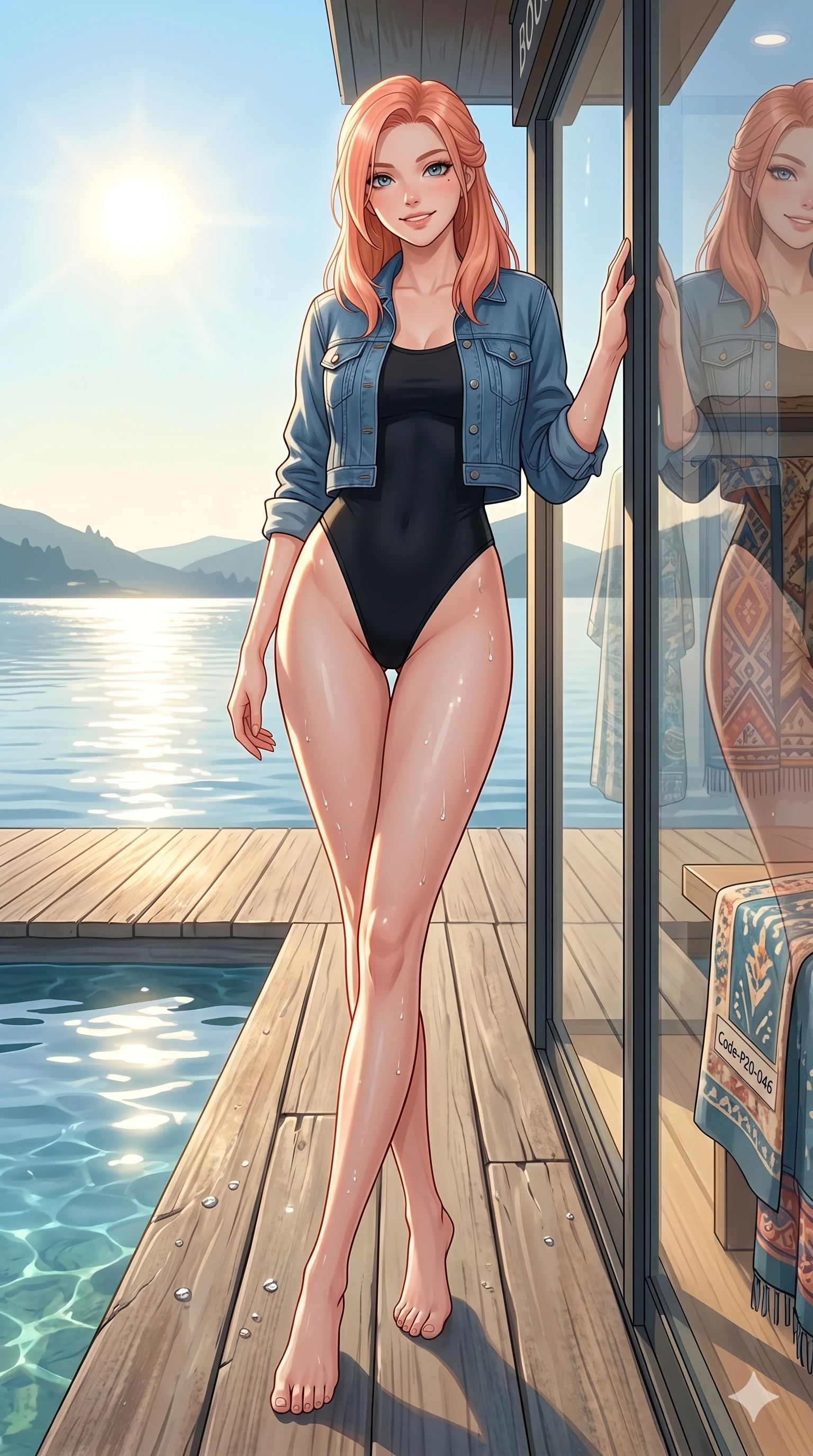 score_9, masterpiece, best quality, ultra-detailed, high-budget anime keyframe, vibrant anime aesthetic, Japanese woman. low angle full-body shot from head to toe showing her feet, filling the entire 9:16 vertical frame with her statuesque presence, stretching her vertical silhouette. She is leaning against a boutique display, smiling warmly with a playful half-smile by a scenic lakeside wooden deck in the morning sun (Code-P20-046). She has an absolutely perfect 8-heads proportion, an exceptionally tall and slender female figure with impossibly long slender legs and an ultra-slim waist. V-shaped jawline, high-bridge nose, intricate jewel-like eyes with depth, thick eyelashes, glossy lips with a natural sheen. wearing a high-cut leg bodysuit under a cropped denim jacket with an exposed waist. She is drenched in bright, warm sunbeams reflecting off the pool water, casting dancing highlights. 2k, ultra detail, master piece, 9:16 ratio