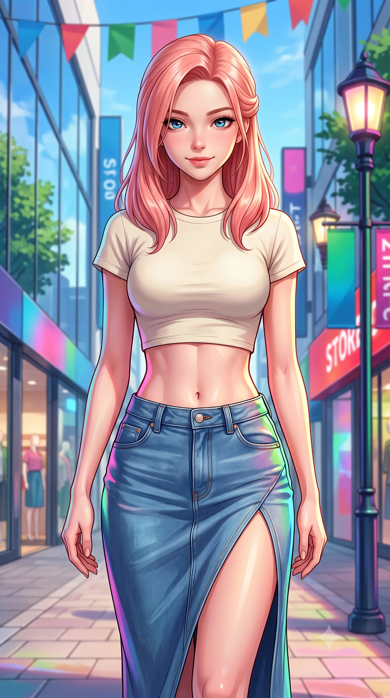 score_9, masterpiece, best quality, ultra-detailed, high-budget anime keyframe, editorial fashion photography, tasteful artistic composition, Japanese woman. close-up cowboy shot from the waist and thighs up, the character dominates the composition, filling the frame with her large presence, background elements kept in soft focus. tilting her chin down slightly, looking up at the viewer with a sweet, charming smile set against a soft-focus background of walking down a pedestrian shopping boulevard with colorful flags overhead with modern glass shop fronts reflecting the blue sky and trees. She has an exceptionally elegant, slender, and willowy female figure with an ultra-slim waist, a gracefully sculpted slender torso, and a refined silhouette. sharp v-shaped jawline, high-bridge nose, intricate jewel-like eyes with depth, thick eyelashes, glossy lips with a natural sheen. wearing tailored modern crop top tee in cream, paired with a high-slit denim midi skirt. vibrant streetlights and store signs casting dynamic highlights on her form. highly saturated vibrant anime colors, detailed shading with soft gradients, rich glossy textures, high-contrast stereoscopic depth, volumetric dynamic lighting, master piece, 9:16 ratio