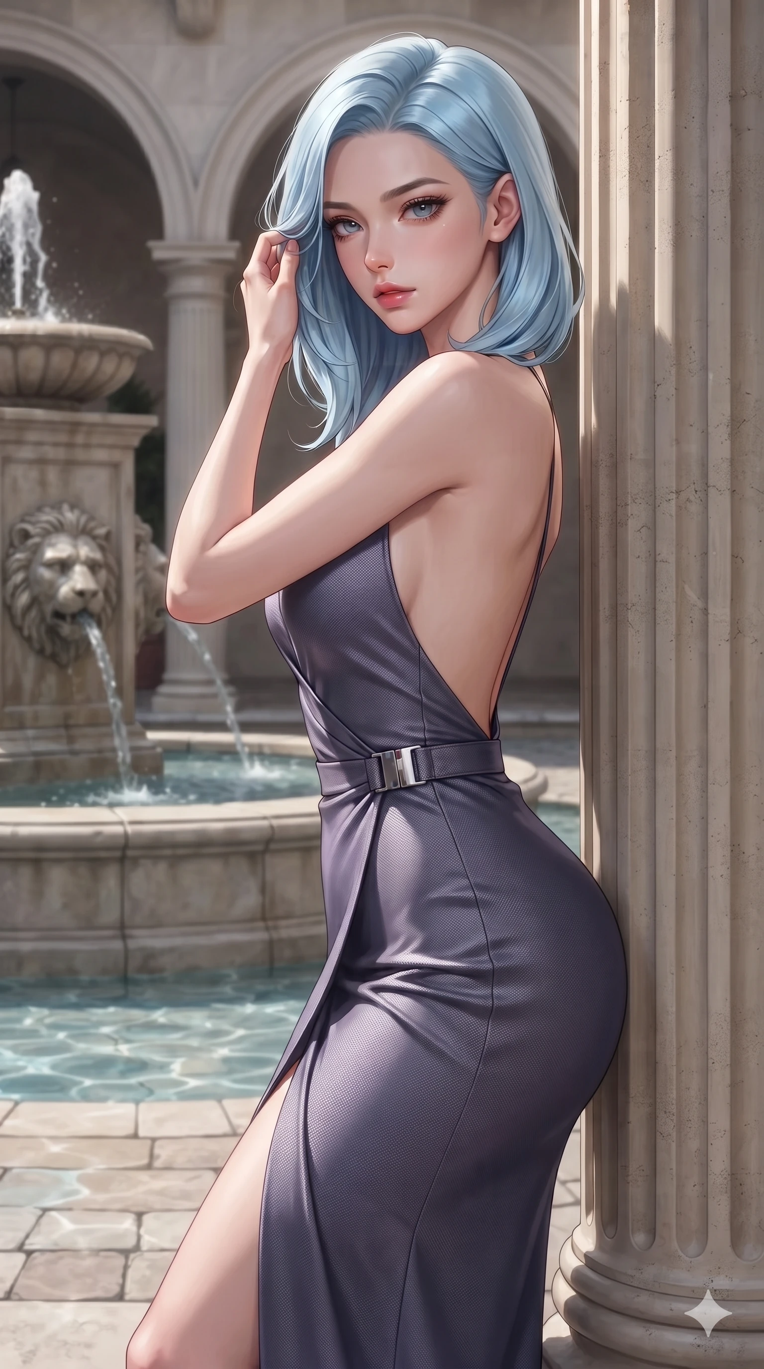 score_9, masterpiece, best quality, ultra-detailed, high-budget anime keyframe, editorial fashion photography, tasteful artistic composition, Korean woman. close-up cowboy shot from the waist and thighs up, the character dominates the composition, filling the frame with her large presence. gently brushing a lock of hair behind her ear while casting a playful, flirtatious side-gaze with long eyelashes while leaning against the fluted limestone column with hips cocked back, gazing through the shaded arcade with smoldering bedroom-eyes. The surrounding environment is rendered in vivid detail and crisp panoramic clarity: sharp carved lion-head fountain water spouts, limestone column fluting, and clear water ripple caustics on stone pavers in deep focus. She has an exceptionally elegant, slender, and willowy female figure with an ultra-slim waist, flat toned midriff, narrow ribcage, and sculpted feminine hips creating an alluring, slim hourglass silhouette without bulk. sharp v-shaped jawline, high-bridge nose, intricate jewel-like eyes with depth, thick eyelashes, glossy parted lips with a natural sheen, intensely captivating and seductive bedroom-eyes expression, flawlessly proportioned anatomical accuracy, strict slender model proportions, natural body alignment, perfectly sculpted long slender limbs, ultra-slim waistline, clean dynamic posture without body distortion. wearing a liquid-silk jersey evening gown with an ultra-deep plunging open back descending to the base of her spine and a sculpted hip-hugging skirt in Highland heather violet and slate granite, woven from structured carbon-fiber jacquard with rich textural depth, finished with sleek magnetic buckle closures fluttering in the breeze, the high-slit wrap tailoring accentuating her ultra-slim waistline and the enchanting curve of her feminine hips with alluring seductive charm. sharp directional rim lights sculpting her razor-sharp jawline, narrow waist, and curvy hips. ultra-reflective glossy finish, specular highlights, rich textural contrasts, high-contrast stereoscopic depth, volumetric dynamic lighting, 2k, ultra detail, master piece, 9:16 ratio
