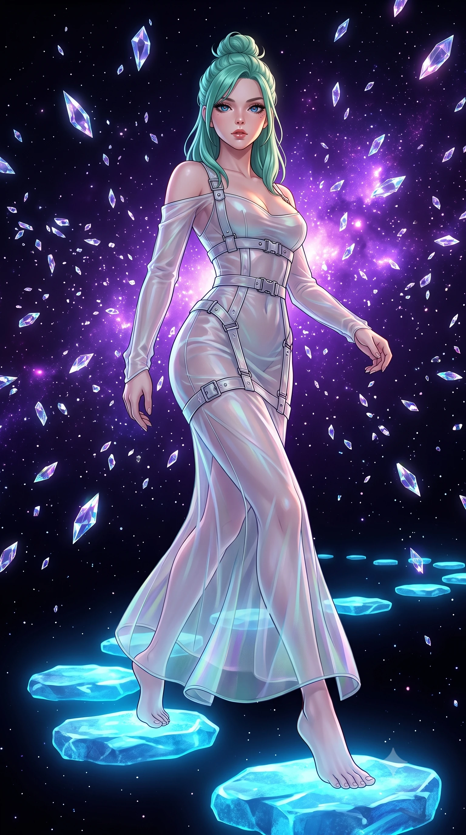 score_9, masterpiece, best quality, ultra-detailed, High-budget Anime Keyframe, East Asian woman. Low angle cowboy shot filling the entire 9:16 frame with her statuesque presence. Scenario 346: stepping across glowing azure stones in a dark void filled with floating crystal shards reflecting purple nebulae. Her presence is magnetic and overpowering in this high-budget anime scene. Outfit 346: a slim-fit sheer organza long with a low-cut shoulder and metallic buckles. The clothing is designed to emphasize her exceptionally tall and slender 8-heads proportion. 8-heads proportion, towering silhouette, ultra-slim waist. sharp v-shaped jawline, intricate jewel-like eyes with depth, thick eyelashes, glossy lips. 2k, ultra detail, master piece, 9:16 ratio