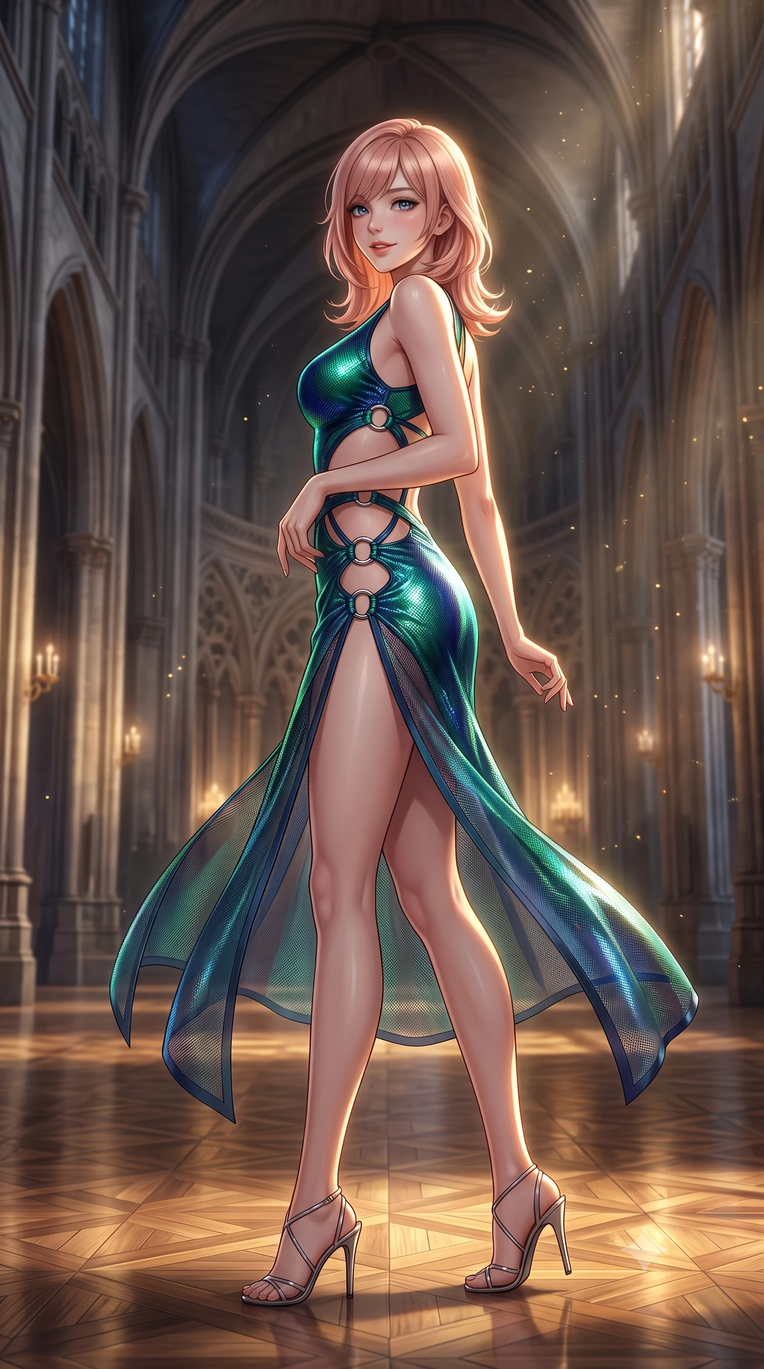 score_9, masterpiece, best quality, ultra-detailed, high-budget anime keyframe, semi-realistic 3D game render, editorial fashion photography, tasteful artistic composition, Japanese woman. low angle full-body shot from head to toe showing her feet, filling the entire 9:16 vertical frame with her statuesque presence, stretching her vertical silhouette. executing a slow, graceful pivot turn as her skirt sways around her slender legs, glancing back with an enchanting, teasing sensual expression while lounging gracefully across the antique gilded chaise propped on one elbow with legs extended, displaying her long slender limbs and statuesque hourglass silhouette with regal anime flair. The background shows a soft-focus golden dust motes shimmering in spotlight beams softened in grand star-fortress cathedral shallow focus. She has an exceptionally tall and slender model-like 8.5-heads proportion, an ultra-slim waist, a flat toned midriff, narrow delicate ribcage, and beautifully sculpted feminine hips creating a graceful, slim hourglass silhouette without any bulky heaviness, with impossibly long slender legs. sharp v-shaped jawline, high-bridge nose, intricate jewel-like sparkling eyes with depth, thick eyelashes, glossy parted lips with a natural peach sheen, bright cheerful beaming smile with an enchanting and coquettish sensual glint, exuding both youthful cute charm and seductive allure, flawlessly proportioned anatomical accuracy, strict slender model proportions, natural body alignment, perfectly sculpted long slender limbs, ultra-slim waistline, clean dynamic posture without body distortion. wearing a provocative open-waist combat cutout mini dress framed by polished chrome ring hardware and thigh-high slit in bioluminescent emerald and abyssal sapphire, crafted from stretch micro-mesh with liquid foil coating that shimmers with every movement, finished with sleek magnetic buckle closures fluttering in the breeze, the impeccably tailored cut draping gracefully along her slender figure with aristocratic poise. illuminated by polished parquet reflection bounce and sharp gold-plasma rim lights sculpting her jawline, narrow waist, and curvy hips. highly saturated vibrant anime colors, detailed shading with soft gradients, rich glossy textures, high-contrast stereoscopic depth, volumetric dynamic lighting, master piece, 9:16 ratio