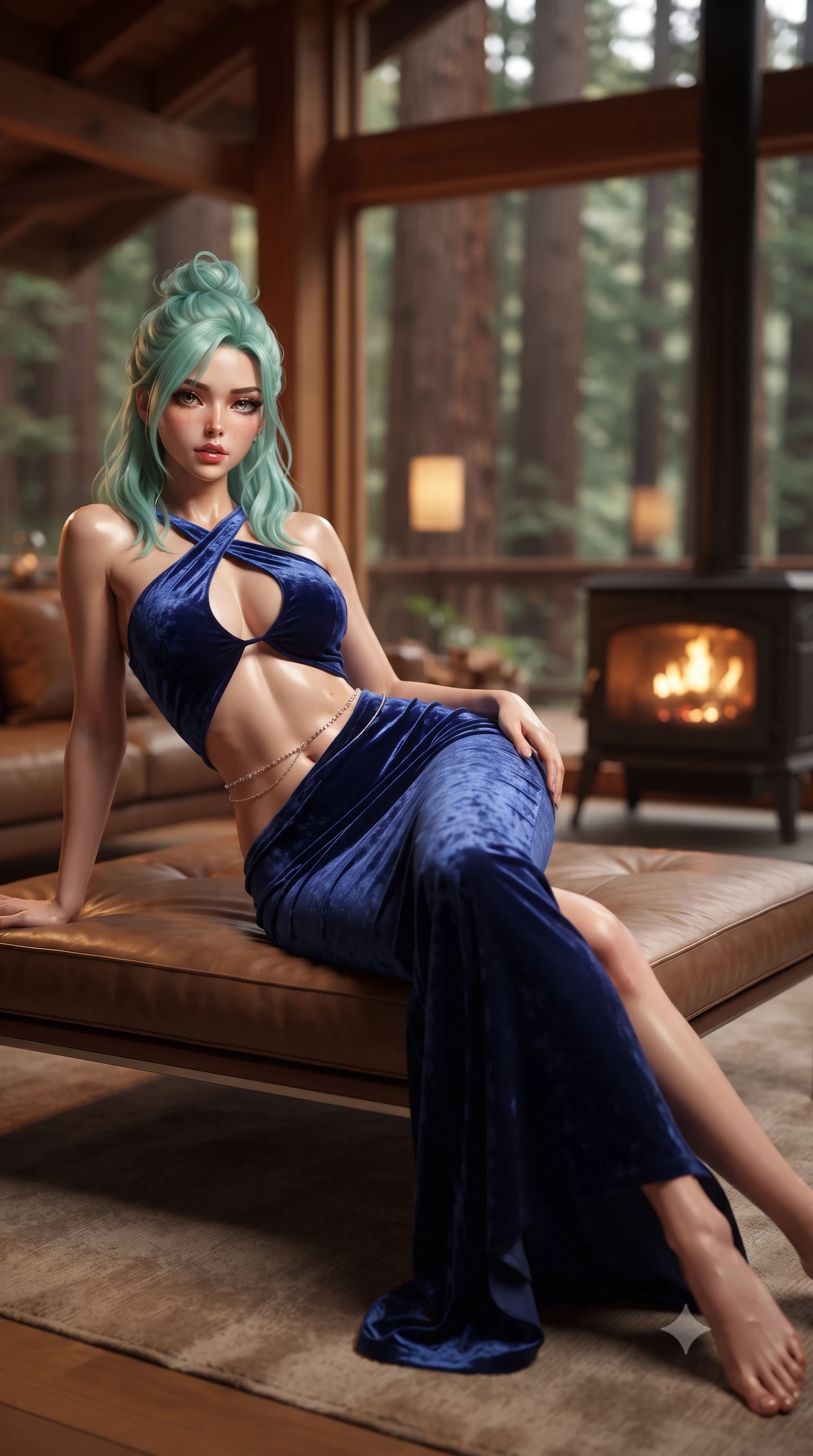 score_9, masterpiece, best quality, ultra-detailed, high-budget anime keyframe, editorial fashion photography, tasteful artistic composition, Japanese woman. low angle full-body shot from head to toe showing her feet, filling the entire 9:16 vertical frame with her statuesque presence, stretching her vertical silhouette. reclining on her side in an elegant Cleopatra pose with one knee drawn up, the dramatic contour of her rounded hips and long slender legs commanding the 9:16 vertical frame while reclining across a low leather lounge beside a freestanding iron stove, her long slender legs and narrow waist highlighted against the towering coastal redwoods. The composition keeps background elements in soft focus with creamy bokeh. warm fireplace glow and cedar wood beams softened in luxurious Californian shallow focus. She has an exceptionally tall and slender model-like 8.5-heads proportion, an ultra-slim waist, a flat toned midriff, narrow delicate ribcage, and beautifully sculpted feminine hips creating a graceful, slim hourglass silhouette without any bulky heaviness, with impossibly long slender legs. sharp v-shaped jawline, high-bridge nose, intricate jewel-like eyes with depth, thick eyelashes, glossy parted lips with a natural sheen, intensely captivating and seductive bedroom-eyes expression, flawlessly proportioned anatomical accuracy, strict slender model proportions, natural body alignment, perfectly sculpted long slender limbs, ultra-slim waistline, clean dynamic posture without body distortion. wearing a sculptured liquid-satin mermaid gown with an architectural open-waist cutout and bare spine in royal sapphire blue and liquid bronze, crafted from heavyweight crushed silk velvet with liquid vintage luster, accented with a dainty diamond waist chain catching the ambient light reflections, the form-contouring material adhering flawlessly to her sculpted flat midriff and slender torso, emphasizing her long leg lines and perfectly proportioned willowy build. illuminated by warm cedar deck bounce light sharply defining her sculpted collarbones, ultra-slim waist, and curvy hips. ultra-reflective glossy finish, specular highlights, rich textural contrasts, high-contrast stereoscopic depth, volumetric dynamic lighting, 2k, ultra detail, master piece, 9:16 ratio