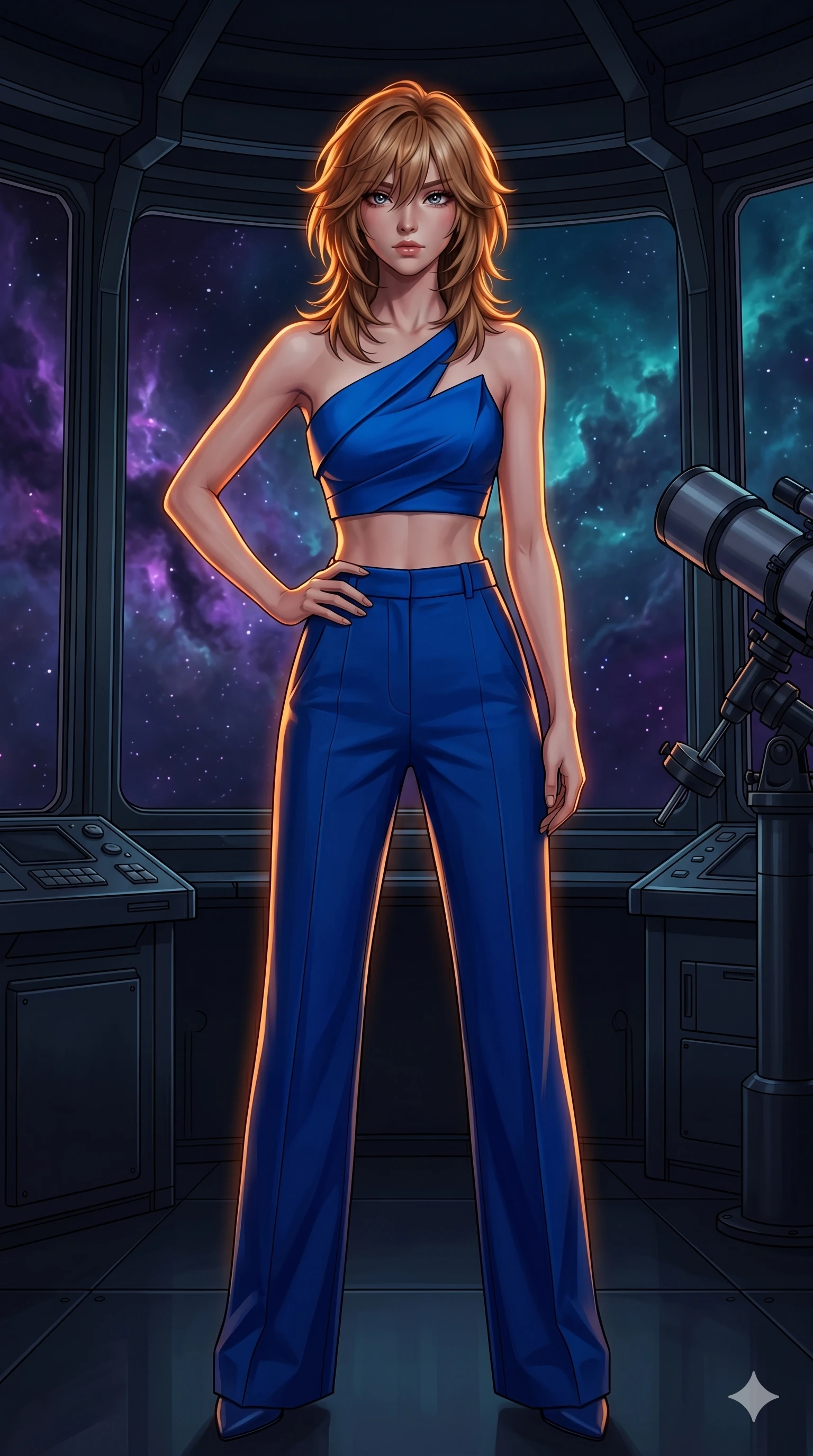 score_9, masterpiece, best quality, ultra-detailed, high-budget anime keyframe, editorial fashion photography, tasteful artistic composition, Japanese woman. cowboy shot from the thighs up, character and outfit filling the frame for maximum editorial presence. Holding a confident power pose with one hand on her hip inside a deep-space observatory with nebula clouds of violet and teal drifting past panoramic windows. She has an absolutely perfect 8-heads proportion, an exceptionally tall and slender female figure with impossibly long slender legs and an ultra-slim waist. V-shaped jawline, high-bridge nose, intricate jewel-like eyes with depth, thick eyelashes, glossy lips with a natural sheen. wearing an asymmetric one-shoulder sculptural crop top in electric blue with a bold architectural neckline and a bare midriff, paired with sharp high-waist tailored wide-leg trousers in matching cobalt. drenched in warm amber cinematic rim lighting that traces every contour of her silhouette against a dark background. 2k, ultra detail, master piece, 9:16 ratio