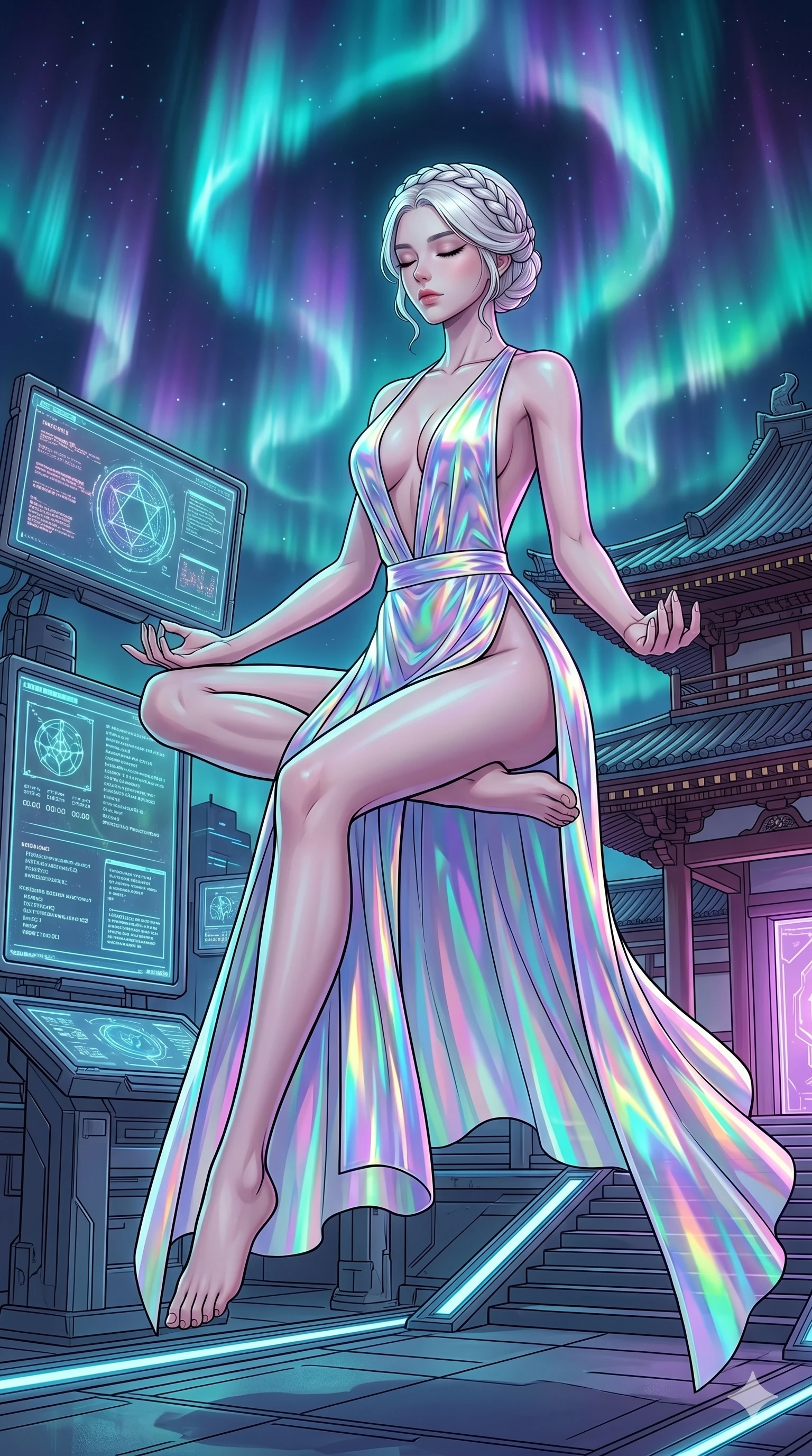 score_9, masterpiece, best quality, ultra-detailed, high-budget anime movie keyframe, cinematic anime lighting, intricate line art, Korean woman. Dynamic full-body shot stretching the vertical silhouette across the 9:16 frame. meditating peacefully in a cyber-temple in Neo-Tokyo amidst aurora borealis. She has an absolutely perfect 8-heads proportion, an exceptionally tall and slender female figure with an ultra-slim waist and impossibly long slender legs. sharp v-shaped jawline, high-bridge nose, intricate jewel-like eyes, thick eyelashes, glossy lips. Wearing avant-garde high-fashion gown made of iridescent vinyl with a dangerously high side slit and a plunging neckline, revealing an ultra-slim waist and long slender legs. The scene is illuminated by dramatic atmospheric lighting and vibrant color palettes. , 2k, ultra detail, master piece, 9:16 ratio