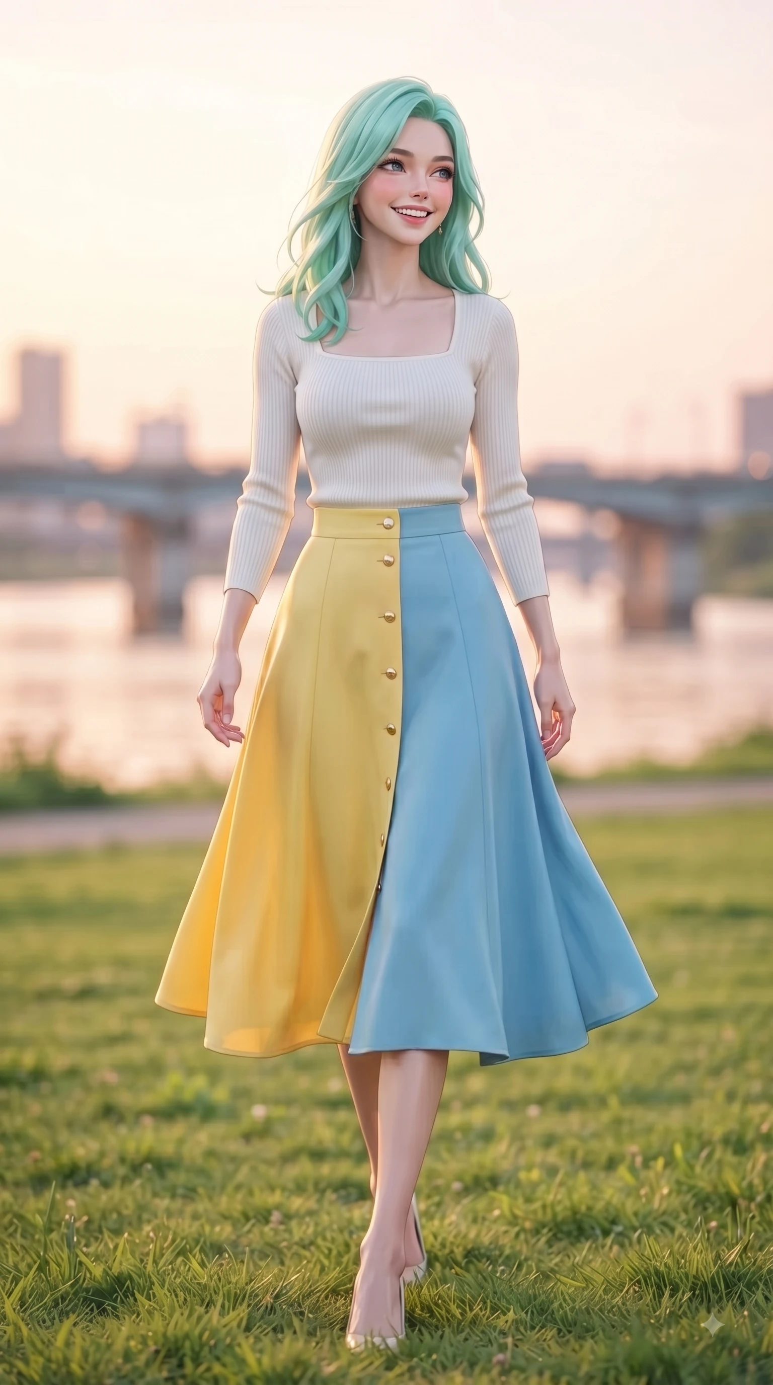 score_9, masterpiece, best quality, ultra-detailed, high-budget anime keyframe, editorial fashion photography, tasteful artistic composition, Japanese woman. low angle full-body shot from head to toe showing her feet, filling the entire 9:16 vertical frame with her statuesque presence, stretching her vertical silhouette. walking forward in a proud dynamic stride with a cheerful beaming smile, her vertical silhouette filling the frame while sitting gracefully on a picnic mat on a green riverfront park lawn during golden hour. The composition keeps background elements in soft focus with dreamy bokeh. rose-gold river reflections and city bridge silhouettes blurred into warm golden evening bokeh. She has an absolutely perfect, statuesque 8.5-heads proportion, an exceptionally tall and slender model-like female figure with impossibly long slender legs and an ultra-slim waist. sharp v-shaped jawline, high-bridge nose, intricate jewel-like eyes with depth, thick eyelashes, glossy lips with a natural sheen, flawlessly proportioned anatomical accuracy, natural body alignment, perfectly sculpted elegant limbs, clean dynamic posture without body distortion. wearing a chic square-neck ribbed top paired with a flowing A-line midi skirt in sunny canary yellow and clear sky blue, tailored from fine wool crepe with clean lines, adorned with delicate gold buttons along the front, the glove-like fit emphasizing her statuesque silhouette during motion. surrounded by a serene, uplifting, and romantic park ambiance. ultra-reflective glossy finish, specular highlights, metallic sheen, high-contrast stereoscopic depth, volumetric dynamic lighting, 2k, ultra detail, master piece, 9:16 ratio