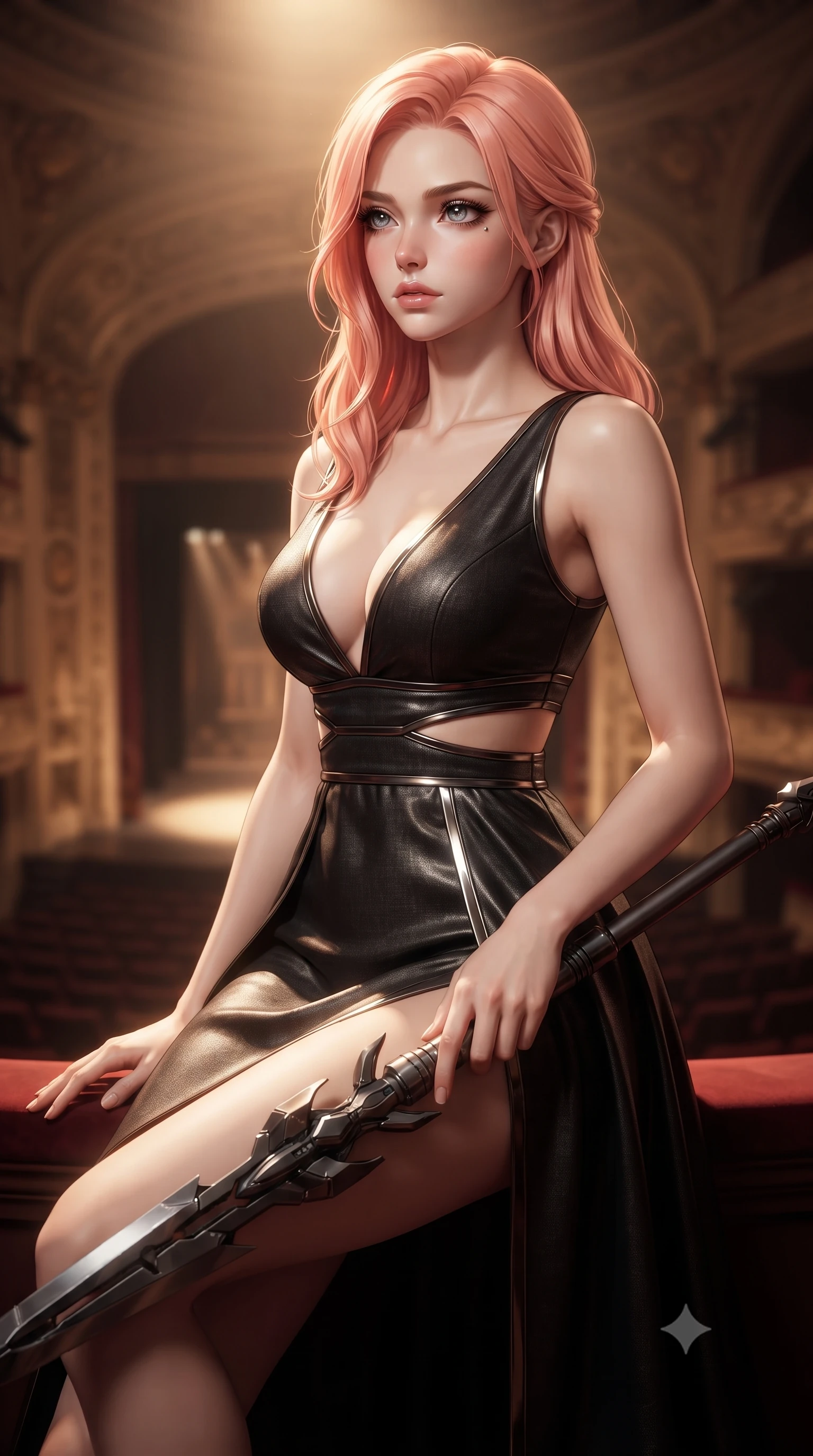 score_9, masterpiece, best quality, ultra-detailed, high-budget anime keyframe, editorial fashion photography, tasteful artistic composition, Japanese woman. close-up cowboy shot from the waist and thighs up, the character dominates the composition, filling the frame with her large presence, background elements kept in soft focus. holding a deactivated nanotech glaive, looking past the camera with quiet, sharp focus and a composed expression, the background shows a soft-focus a private balcony alcove of a historic grand theater overlooking the stage. She has an exceptionally elegant, slender, and willowy female figure with an ultra-slim waist, a gracefully sculpted slender torso, and a refined silhouette. sharp v-shaped jawline, high-bridge nose, intricate jewel-like eyes with depth, thick eyelashes, glossy lips with a natural sheen. wearing a tailored combat sundress with double waist cutouts and a plunging neckline in carbon-black linen. single warm spotlight from the stage tracing her posture and silhouette. ultra-reflective glossy finish, specular highlights, metallic sheen, high-contrast stereoscopic depth, volumetric dynamic lighting, 2k, ultra detail, master piece, 9:16 ratio