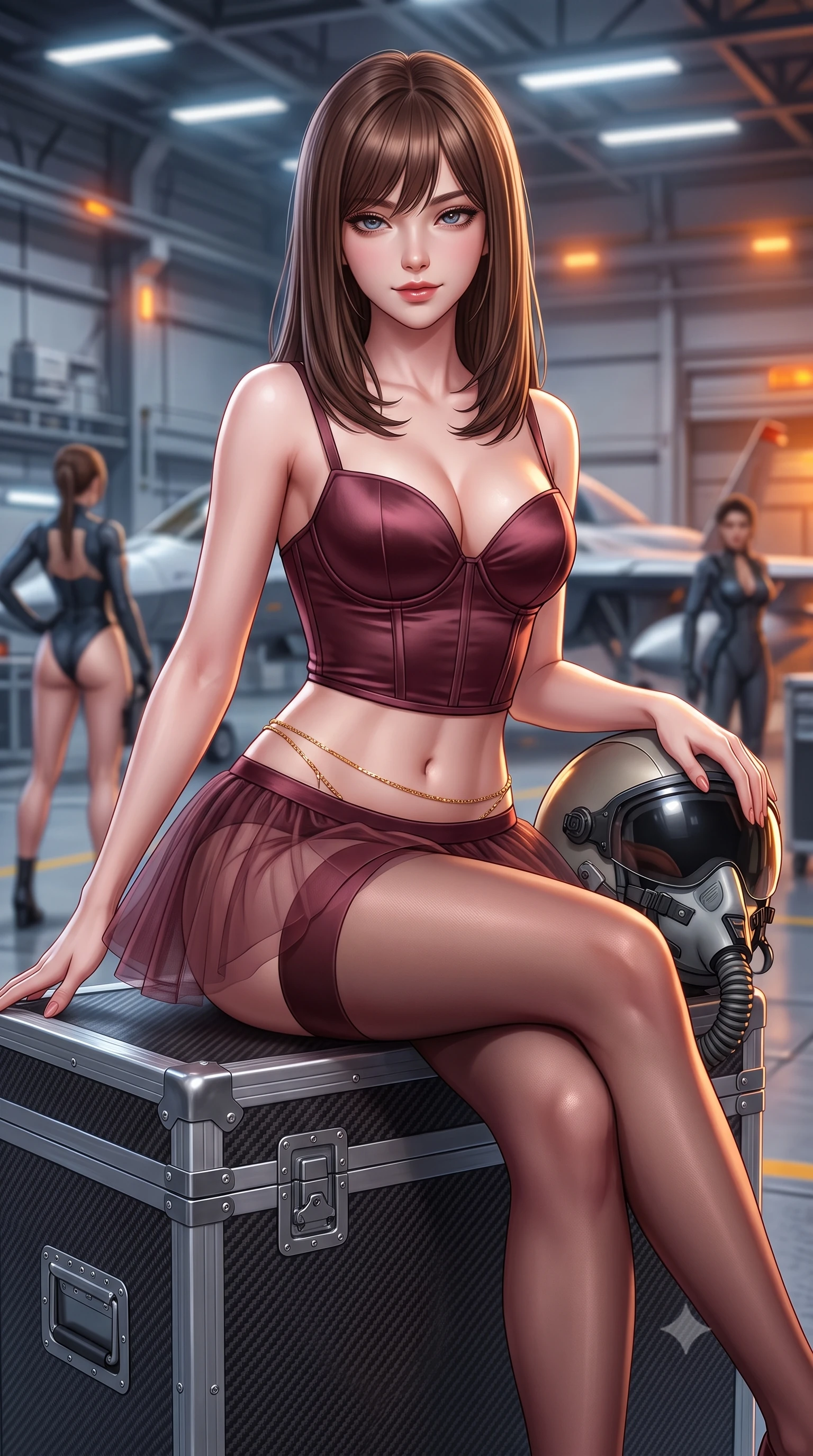 score_9, masterpiece, best quality, ultra-detailed, high-budget anime keyframe, semi-realistic 3D game render, editorial fashion photography, tasteful artistic composition, Korean woman. close-up cowboy shot from the waist and thighs up, the character dominates the composition, filling the frame with her large presence. leaning forward while arching her lower back to accentuate her curvy hips, looking into the camera with an intoxicating smoldering gaze and bedroom-eyes while sitting perched on a carbon-fiber flight case with legs crossed, holding a flight helmet with confident, coquettish charm. The surrounding environment is rendered in vivid detail and crisp panoramic clarity: detailed high-cut tactical bodysuit tailoring, chrome buckle shine, and aerospace hangar engineering in high resolution. She has an exceptionally elegant, slender, and willowy female figure with an ultra-slim waist, flat toned midriff, narrow ribcage, and sculpted feminine hips creating an alluring, slim hourglass silhouette without bulk. sharp v-shaped jawline, high-bridge nose, sparkling eyes with hypnotic seductive depth, thick curled eyelashes, glossy parted lips with a natural dewy peach sheen, alluring bedroom-eyes with an enchanting coquettish smile, exuding magnetic siren charisma and sophisticated glamour, flawlessly proportioned anatomical accuracy, strict slender model proportions, natural body alignment, perfectly sculpted long slender limbs, ultra-slim waistline, clean dynamic posture without body distortion. wearing a plunging sweetheart-neckline boned satin ballet bustier paired with an ultra-short sheer tulle micro-tutu and silk stockings in smoky bordeaux wine and gilded bronze, tailored from fine ribbed modal knit with gentle elastic contouring and soft hand-feel, accented with a dainty gold belly chain resting across her flat midriff and curving hips, the second-skin tailored fabric adhering flawlessly to her sculpted flat midriff and slender torso, emphasizing her long leg lines and perfectly proportioned willowy build. bathed in high-altitude aerospace hangar floodlights mixed with amber safety strobe accents. highly saturated vibrant anime colors, detailed shading with soft gradients, rich glossy textures, high-contrast stereoscopic depth, volumetric dynamic lighting, master piece, 9:16 ratio