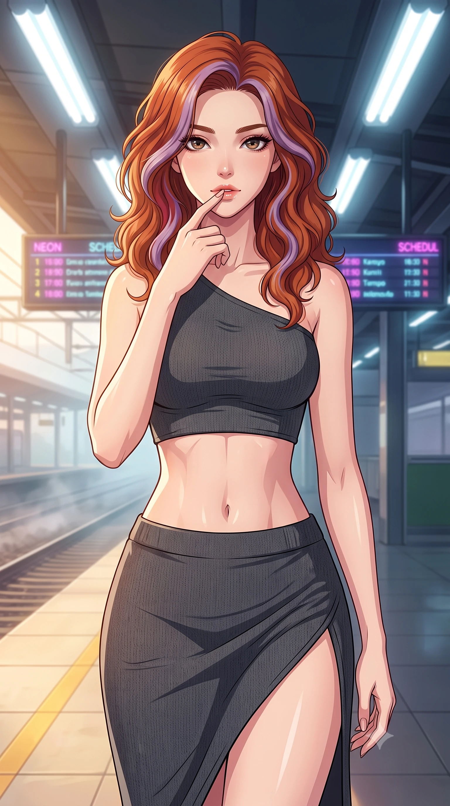 score_9, masterpiece, best quality, ultra-detailed, high-budget anime keyframe, tasteful artistic composition, Caucasian woman. close-up cowboy shot from the waist and thighs up, the character dominates the composition, filling the frame with her large presence, background elements kept in soft focus. pressing one finger to her bottom lip in a thoughtful, seductive gesture under the warm sun the background shows a soft-focus a high-speed train platform with neon schedule boards and misty tracks. She has an exceptionally elegant, slender, and willowy female figure with an ultra-slim waist, a gracefully sculpted slender torso, and a refined silhouette. sharp v-shaped jawline, high-bridge nose, intricate jewel-like eyes with depth, thick eyelashes, glossy lips with a natural sheen. wearing a form-contouring asymmetric one-shoulder crop top in charcoal knit, paired with a high-slit skirt. cool white overhead fluorescent rays contrasting with the warm lights of the incoming train. highly saturated vibrant anime colors, cel-shading, 2d style, master piece, 9:16 ratio