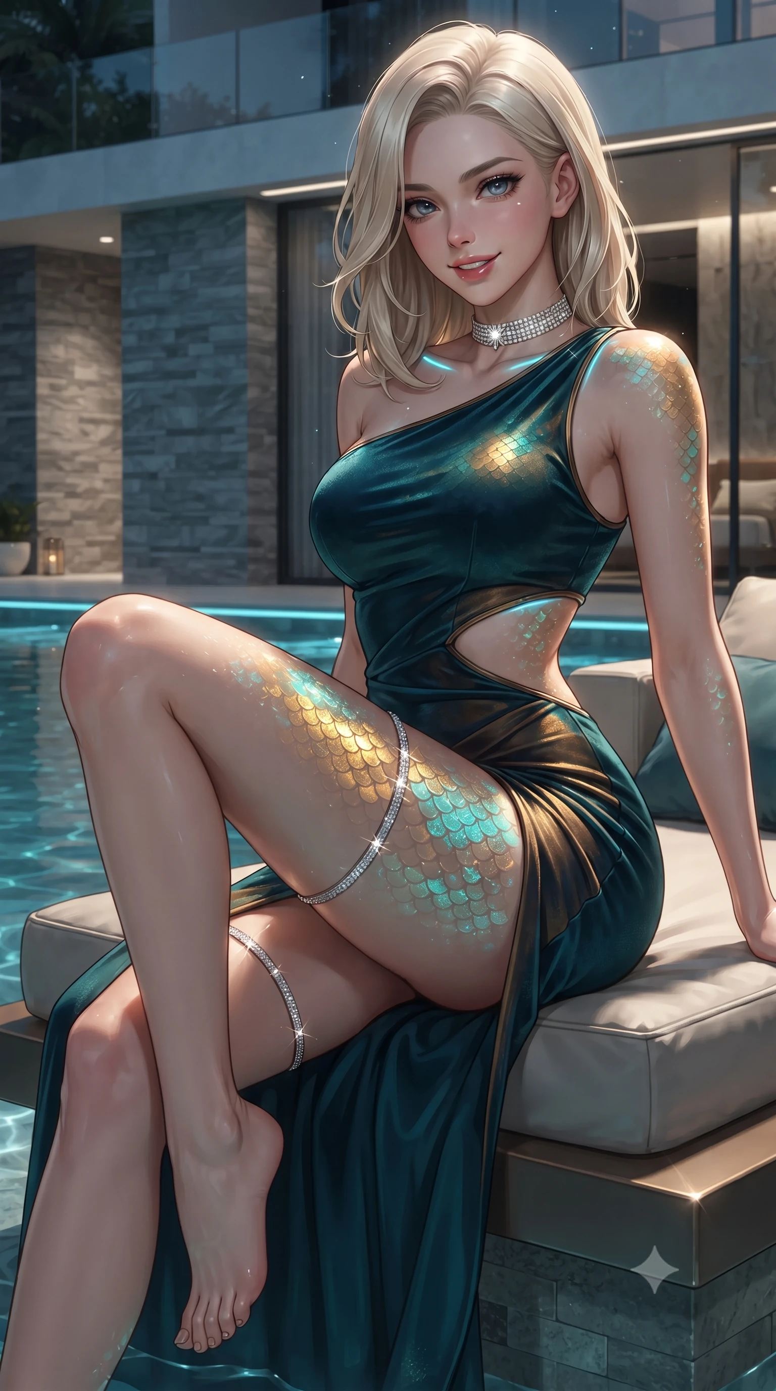score_9, masterpiece, best quality, ultra-detailed, high-budget anime keyframe, editorial fashion photography, tasteful artistic composition, Caucasian woman. close-up cowboy shot from the waist and thighs up, the character dominates the composition, filling the frame with her large presence. perched sideways on the lounge seat, one knee drawn up to showcase her slender leg line while her arched back accentuates her feminine hip curve while twisting her slender torso in an alluring S-curve, underwater digital screen projections painting shifting golden scales across her curves. The surrounding environment is rendered in vivid detail and crisp panoramic clarity: detailed strapless boned corset top weave, diamond choker shine, and high-tech luxury pool architecture in high resolution. She has an exceptionally elegant, slender, and willowy female figure with an ultra-slim waist, flat toned midriff, narrow ribcage, and sculpted feminine hips creating an alluring, slim hourglass silhouette without bulk. sharp v-shaped jawline, high-bridge nose, sparkling eyes with hypnotic seductive depth, thick curled eyelashes, glossy parted lips with a natural dewy peach sheen, alluring bedroom-eyes with an enchanting coquettish smile, exuding magnetic siren charisma and sophisticated glamour, flawlessly proportioned anatomical accuracy, strict slender model proportions, natural body alignment, perfectly sculpted long slender limbs, ultra-slim waistline, clean dynamic posture without body distortion. wearing an asymmetric one-shoulder liquid jersey gown with dramatic hip-high slit and sculptural waist cutout in deep peacock teal and burnished antique brass, tailored from ultra-plush velvet with rich tactile depth and deep shadow gradients, finished with delicate crystal-encrusted thigh garter straps glinting in the dim light, the liquid-tight tailored fabric clinging flawlessly to her narrow waist and rounded feminine hips, emphasizing every millimeter of her sculpted slim hourglass curves without any bulky heaviness. illuminated by water surface caustic reflections and sharp electric-cyan rim lights defining her delicate clavicles, narrow waist, and curvy hips. ultra-reflective glossy finish, specular highlights, rich textural contrasts, high-contrast stereoscopic depth, volumetric dynamic lighting, 2k, ultra detail, master piece, 9:16 ratio