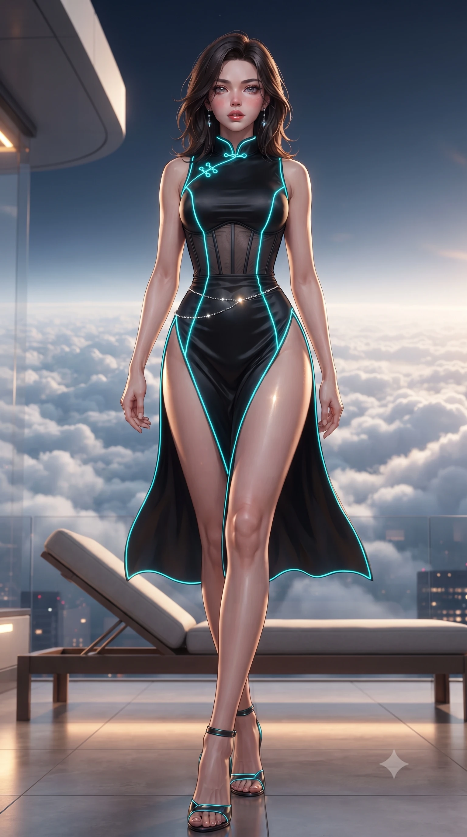 score_9, masterpiece, best quality, ultra-detailed, high-budget anime keyframe, editorial fashion photography, tasteful artistic composition, Korean woman. low angle full-body shot from head to toe showing her feet, filling the entire 9:16 vertical frame with her statuesque presence, stretching her vertical silhouette. striding forward in a proud supermodel runway stride, hips swaying in an alluring kinetic rhythm that accentuates her curvy hourglass silhouette while reclining across the private sky-lounge sunbed, one slender leg extended to accentuate her willowy yet curvy silhouette above the cloud horizon. The surrounding environment is rendered in vivid detail and crisp panoramic clarity. detailed silk gown drape, warm sun glints on skin, and stratospheric cloud texture in high resolution. She has an exceptionally tall and slender model-like 8.5-heads proportion, an ultra-slim waist, a flat toned midriff, narrow delicate ribcage, and beautifully sculpted feminine hips creating a graceful, slim hourglass silhouette without any bulky heaviness, with impossibly long slender legs. sharp v-shaped jawline, high-bridge nose, intricate jewel-like eyes with depth, thick eyelashes, glossy parted lips with a natural sheen, intensely captivating and seductive bedroom-eyes expression, flawlessly proportioned anatomical accuracy, strict slender model proportions, natural body alignment, perfectly sculpted long slender limbs, ultra-slim waistline, clean dynamic posture without body distortion. wearing a modernized cyber-qipao mini dress with an ultra-high side slit ascending to the hip and glowing piping in neon electric cyan and lacquer black, made of fluid silk crepe with delicate inner corsetry boning, accented with a dainty diamond waist chain catching the ambient light reflections, the liquid-tight tailored fabric clinging flawlessly to her narrow waist and rounded feminine hips, emphasizing every millimeter of her sculpted slim hourglass curves without any bulky heaviness. illuminated by warm amber floor mood lights sharply defining her sculpted collarbones, flat midriff, and rounded hips. ultra-reflective glossy finish, specular highlights, rich textural contrasts, high-contrast stereoscopic depth, volumetric dynamic lighting, 2k, ultra detail, master piece, 9:16 ratio