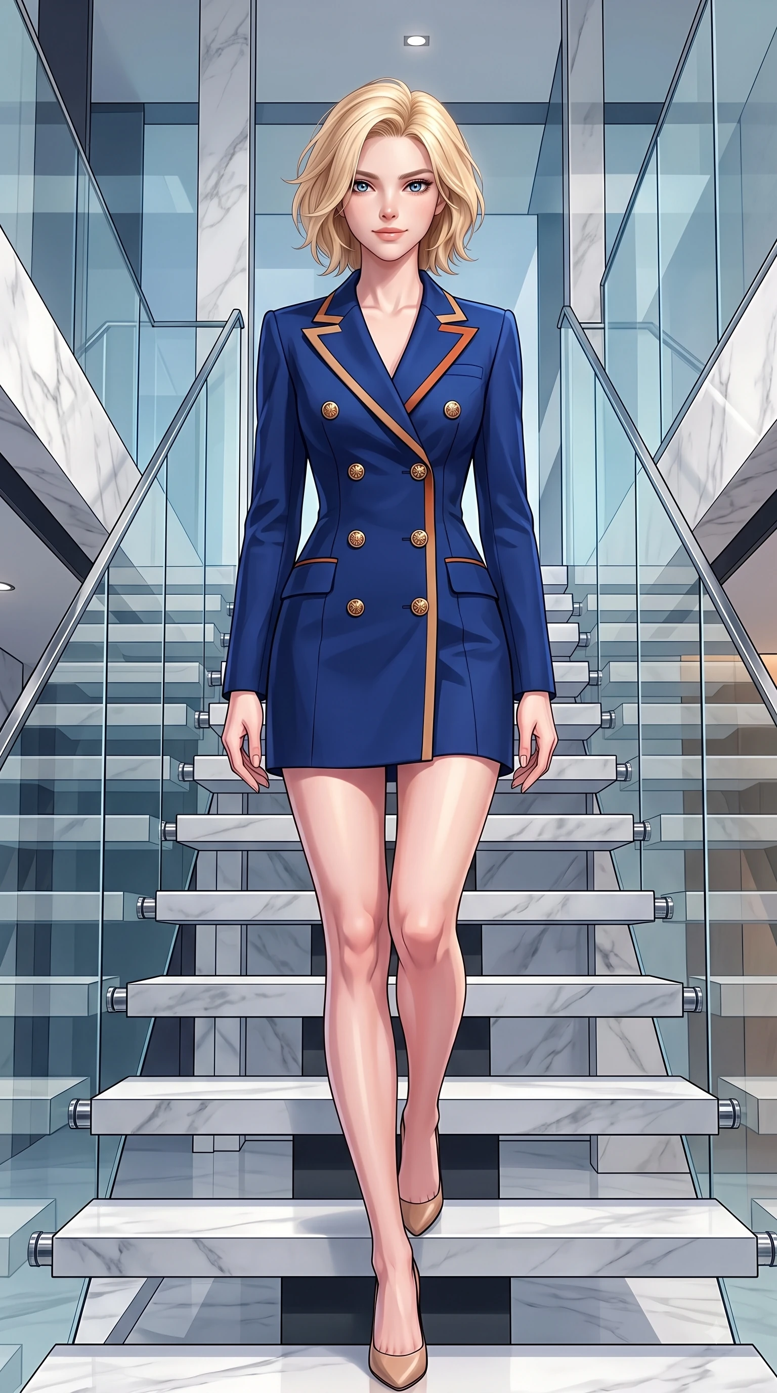 score_9, masterpiece, best quality, ultra-detailed, high-budget anime keyframe, editorial fashion photography, tasteful artistic composition, Caucasian woman. close-up cowboy shot from the waist and thighs up, the character dominates the composition, filling the frame with her large presence. Airy, translucent innocence with a soft subtle smile and a clear, pristine gaze into the lens while ascending a minimalist floating staircase with flawless statuesque proportions. The surrounding environment is rendered in vivid detail and crisp panoramic clarity. crisp glass geometric panels, polished chrome fixtures, and white marble textures in deep focus. She has an exceptionally elegant, slender, and willowy female figure with an ultra-slim waist, a gracefully sculpted slender torso, and a refined silhouette. sharp v-shaped jawline, high-bridge nose, intricate jewel-like eyes with depth, thick eyelashes, glossy lips with a natural sheen, flawlessly proportioned anatomical accuracy, natural body alignment, perfectly sculpted elegant limbs, clean dynamic posture without body distortion. wearing a royal navy blue double-breasted blazer dress accented with gold crest buttons in burnt orange and warm camel beige, tailored from crisp high-density cotton poplin, finished with gold metallic hardware buttons along the front, the tailored fit highlighting her statuesque and model-like silhouette. surrounded by a high-end, luxury architectural fashion aesthetic. highly saturated vibrant anime colors, detailed shading with soft gradients, rich glossy textures, high-contrast stereoscopic depth, volumetric dynamic lighting, master piece, 9:16 ratio