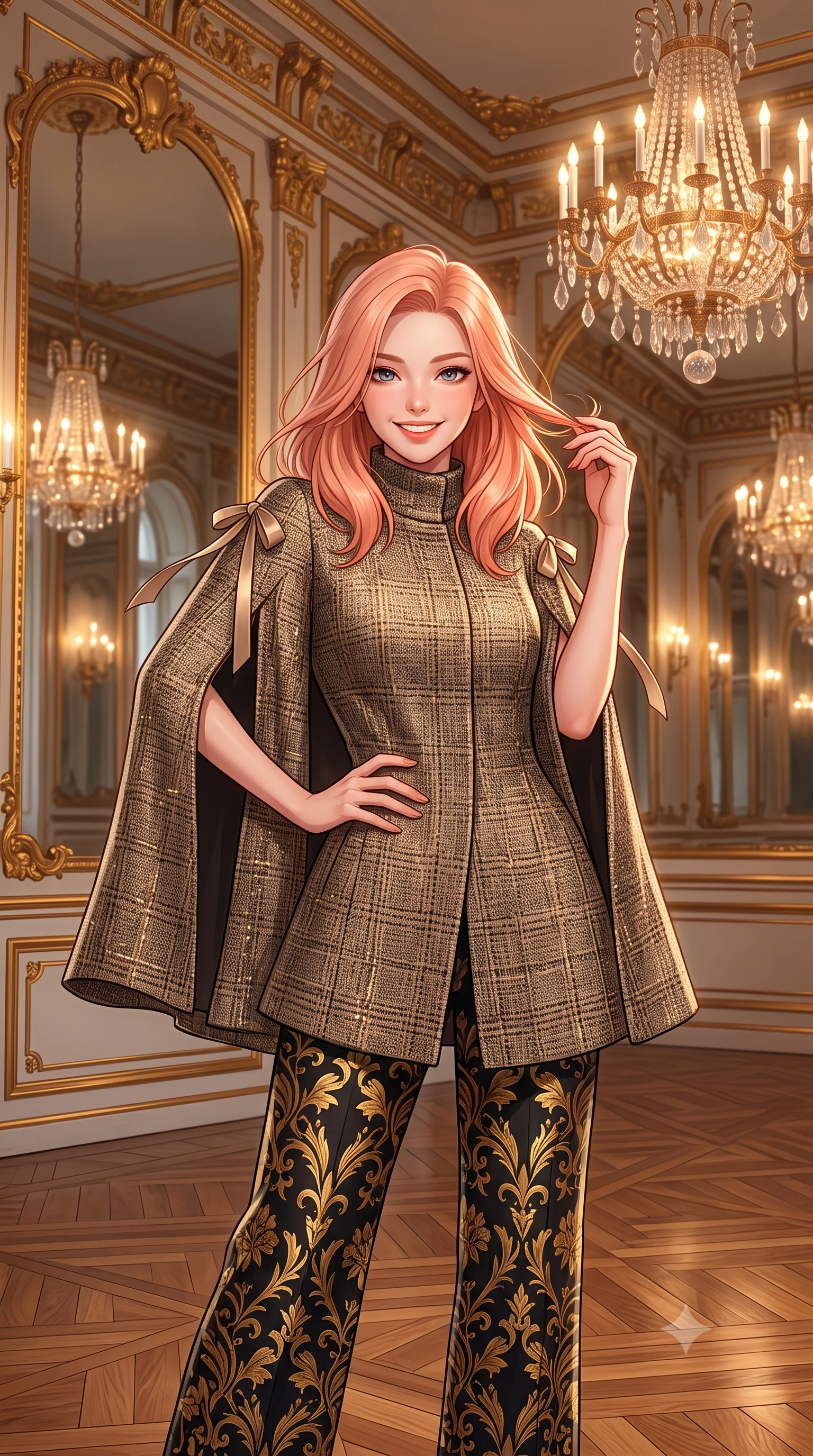 score_9, masterpiece, best quality, ultra-detailed, high-budget anime keyframe, semi-realistic 3D game render, editorial fashion photography, tasteful artistic composition, Japanese woman. close-up cowboy shot from the waist and thighs up, the character dominates the composition, filling the frame with her large presence. twisting her slender torso in an alluring contrapposto stance, one hand resting on her sculpted hip while her fingers toy with her hair with effortless poise while standing centered in the monumental mirrored gallery, arching her spine with sovereign supermodel posture as crystal chandeliers reflect into infinity. The surrounding environment is rendered in vivid detail and crisp panoramic clarity: sharp hand-carved gilded acanthus leaf moldings, chevron oak parquet wood grain, and crystal prism drop facets in deep focus. She has an exceptionally elegant, slender, and willowy female figure with an ultra-slim waist, flat toned midriff, narrow ribcage, and sculpted feminine hips creating an alluring, slim hourglass silhouette without bulk. sharp v-shaped jawline, high-bridge nose, intricate jewel-like sparkling eyes with depth, thick eyelashes, glossy parted lips with a natural peach sheen, bright cheerful beaming smile with an enchanting and coquettish sensual glint, exuding both youthful cute charm and seductive allure, flawlessly proportioned anatomical accuracy, strict slender model proportions, natural body alignment, perfectly sculpted long slender limbs, ultra-slim waistline, clean dynamic posture without body distortion. wearing a bespoke high-neck cashmere knit cape coat paired with tailored wide-leg wool trousers in Viennese golden secession noir and imperial 24k gold leaf, woven from structured British tweed with subtle metallic flecks, finished with satin ribbon ties at the shoulders fluttering in the gentle breeze, the bespoke structured tailoring following the natural line of her 8.5-heads silhouette with refined elegance. bathed in the sparkling multi-tiered illumination of antique Austrian crystal chandeliers dimmed to an evening glow. highly saturated vibrant anime colors, detailed shading with soft gradients, rich glossy textures, high-contrast stereoscopic depth, volumetric dynamic lighting, master piece, 9:16 ratio