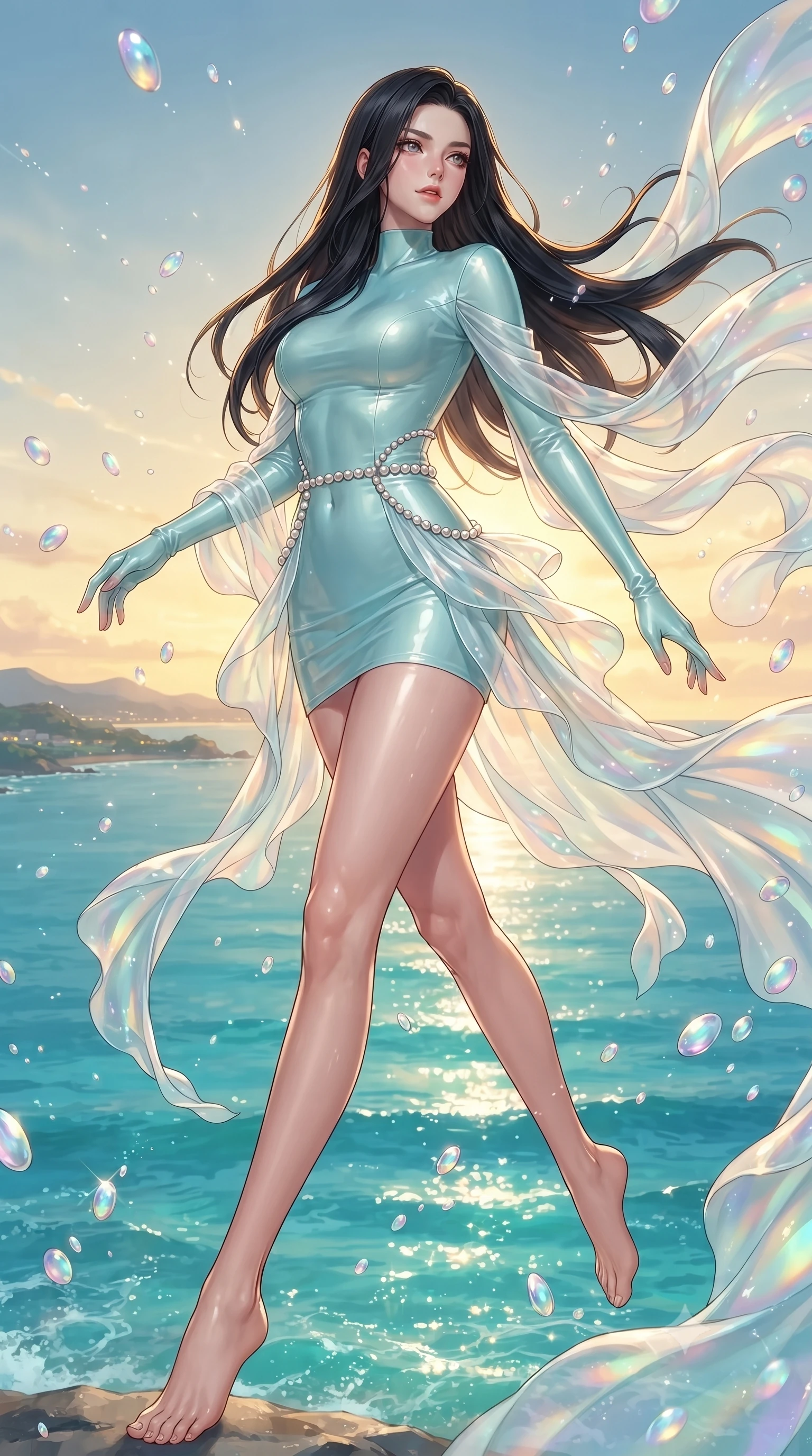 score_9, masterpiece, best quality, ultra-detailed, high-budget anime keyframe, editorial fashion photography, tasteful artistic composition, Korean woman. low angle full-body shot from head to toe showing her feet, filling the entire 9:16 vertical frame with her statuesque presence, stretching her vertical silhouette. interacting with floating opal particles, her long slender legs poised in motion, looking out over a sparkling turquoise ocean as wind trails move her attire, dynamic fluid movement of flowing opal chiffon drapery in the sea wind. She has an absolutely perfect, statuesque 8.5-heads proportion, an exceptionally tall and slender model-like female figure with impossibly long slender legs and an ultra-slim waist. sharp v-shaped jawline, high-bridge nose, intricate jewel-like eyes with depth, thick eyelashes, glossy lips with a natural sheen. wearing glove-like fit pale turquoise latex bodycon mini dress in radiant platinum, made of high-gloss liquid pearl vinyl, adorned with minimalist pearl hardware framing the waistline, highlighting her statuesque proportions and ultra-slim waistline. illuminated by warm golden sunlight filtering through translucent opal chiffon. highly saturated vibrant anime colors, detailed shading with soft gradients, rich glossy textures, high-contrast stereoscopic depth, volumetric dynamic lighting, master piece, 9:16 ratio