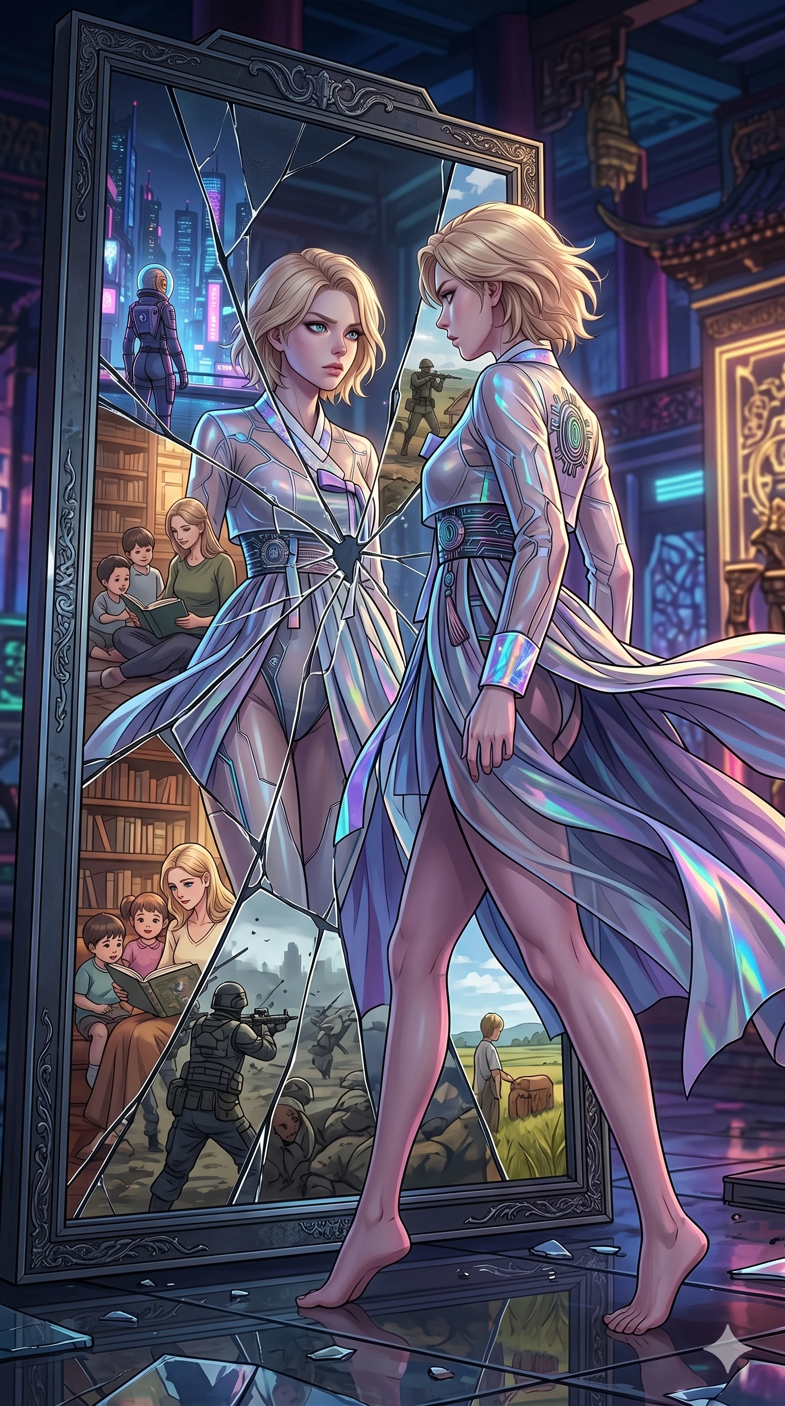 score_9, masterpiece, best quality, ultra-detailed, high-budget anime movie keyframe, cinematic anime lighting, intricate line art, Caucasian (strictly human ears) woman. Low angle cowboy shot capturing a powerful motion and statuesque presence. staring at her own reflection in a cracked mirror as it shows a different life. She has an absolutely perfect 8-heads proportion, an exceptionally tall and slender female figure with graceful and slender proportions. strictly human anatomy, two legs only, no extra limbs, clearly defined legs and arms, perfect anatomy, perfect hands and fingers. sharp v-shaped jawline, high-bridge nose, intricate jewel-like eyes, thick eyelashes, glossy lips. Wearing Modern Traditional: Shortened cyber-hanbok with fusion silk robes and transparent panels. The scene is illuminated by dramatic atmospheric lighting and vibrant color palettes. , 2k, ultra detail, master piece, 9:16 ratio