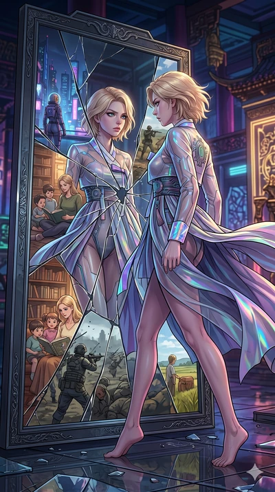 score_9, masterpiece, best quality, ultra-detailed, high-budget anime movie keyframe, cinematic anime lighting, intricate line art, Caucasian (strictly human ears) woman. Low angle cowboy shot capturing a powerful motion and statuesque presence. star
