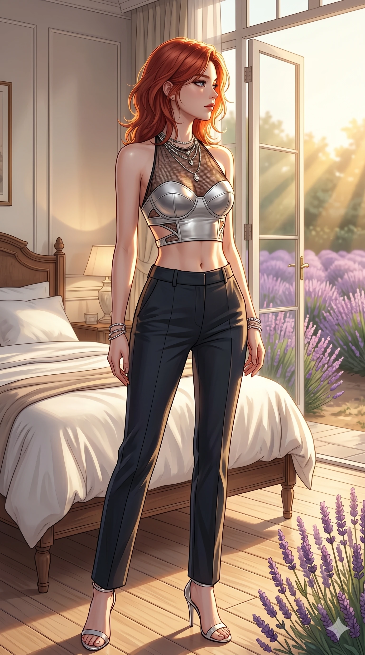 score_9, masterpiece, best quality, ultra-detailed, high-budget anime keyframe, editorial fashion photography, tasteful artistic composition, Korean woman. cowboy shot from the thighs up, character and outfit filling the frame for maximum editorial presence. posing with quiet magnetic self-assurance, her face turned in a sharp profile against the golden light inside a sun-washed private bedroom by a large open window overlooking a quiet lavender garden (Code-P046). She has an absolutely perfect 8-heads proportion, an exceptionally tall and slender female figure with impossibly long slender legs and an ultra-slim waist. V-shaped jawline, high-bridge nose, intricate jewel-like eyes with depth, thick eyelashes, glossy lips with a natural sheen. wearing a sheer mesh crop halter top over a structured silver bustier with side cutouts showing her midriff. drenched in soft morning sunbeams filtering through the glass roof, highlighting her delicate clavicle. 2k, ultra detail, master piece, 9:16 ratio