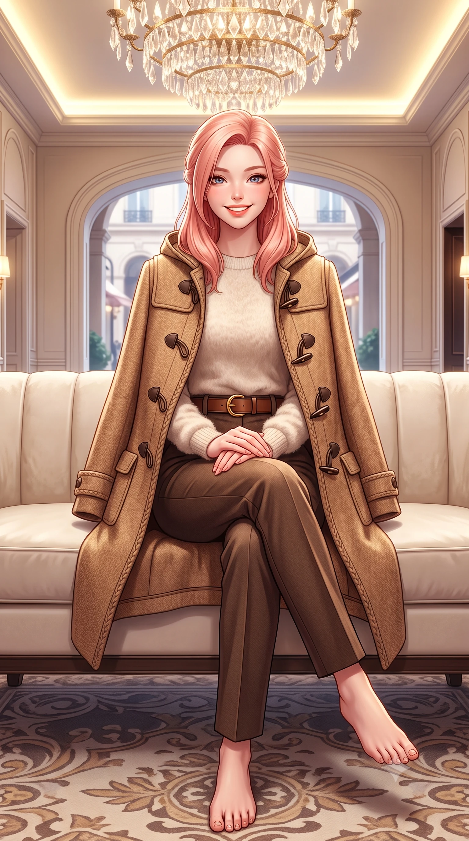 score_9, masterpiece, best quality, ultra-detailed, high-budget anime keyframe, semi-realistic 3D game render, editorial fashion photography, tasteful artistic composition, Japanese woman. low angle full-body shot from head to toe showing her feet, filling the entire 9:16 vertical frame with her statuesque presence, stretching her vertical silhouette. pausing along the promenade and turning back toward the camera with an infectious, delightful smile and perfect posture while sitting poised on an ivory velvet banquette with hands folded neatly in her lap, exuding impeccable French haute-couture elegance. The surrounding environment is rendered in vivid detail and crisp panoramic clarity: detailed Chanel-inspired pastel tweed jacket weave, braided trim borders, and premier Parisian interior architecture in razor-sharp precision. She has an exceptionally tall and slender model-like 8.5-heads proportion, an ultra-slim waist, a flat toned midriff, narrow delicate ribcage, and beautifully sculpted feminine hips creating a graceful, slim hourglass silhouette without any bulky heaviness, with impossibly long slender legs. sharp v-shaped jawline, high-bridge nose, intricate jewel-like sparkling eyes with depth, thick eyelashes, glossy parted lips with a natural peach sheen, bright cheerful beaming smile with an enchanting and coquettish sensual glint, exuding both youthful cute charm and seductive allure, flawlessly proportioned anatomical accuracy, strict slender model proportions, natural body alignment, perfectly sculpted long slender limbs, ultra-slim waistline, clean dynamic posture without body distortion. wearing a structured boiled-wool duffle coat with horn toggles over a soft alpaca sweater and tailored wool slacks in Saint-Germain camel wool and warm espresso, woven from plush alpaca yarn with a cloud-like fuzzy texture and soft halo, finished with a smooth equestrian bridle-leather belt with a polished brass horseshoe buckle, the precision-cut high-waisted tailoring accentuating her ultra-slim waist and long slender leg line with immaculate aristocratic poise. bathed in brilliant 3500K warm-white cove illumination and glittering multi-faceted crystal chandelier reflections. highly saturated vibrant anime colors, detailed shading with soft gradients, rich glossy textures, high-contrast stereoscopic depth, volumetric dynamic lighting, master piece, 9:16 ratio