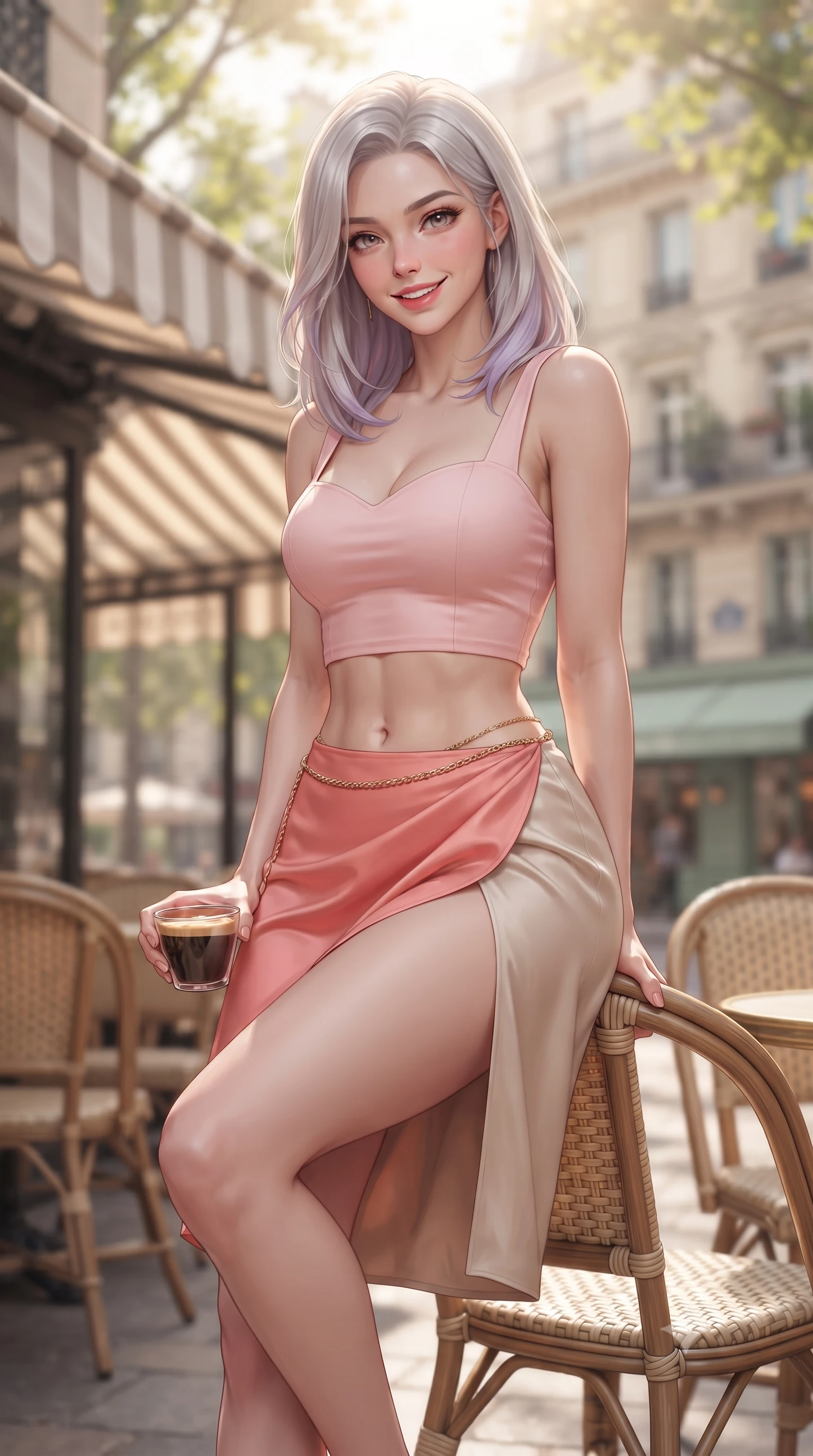 score_9, masterpiece, best quality, ultra-detailed, high-budget anime keyframe, editorial fashion photography, tasteful artistic composition, Caucasian woman. close-up cowboy shot from the waist and thighs up, the character dominates the composition, filling the frame with her large presence. resting both hands lightly behind her back while leaning toward the lens with a cheerful, teasing grin, her form-fitting outfit hugging her narrow waist and feminine hip curve while perching on the armrest of an outdoor chair with legs crossed, holding an espresso cup while flashing a warm, playful smile with parted lips. The composition keeps background elements in soft focus with dreamy creamy bokeh. classic striped cafe awnings, woven wicker chairs, and historic Haussmann facades blurred into warm café-au-lait, ivory, and soft green bokeh. She has an exceptionally elegant, slender, and willowy female figure with an ultra-slim waist, flat toned midriff, narrow ribcage, and sculpted feminine hips creating an alluring, slim hourglass silhouette without bulk. sharp v-shaped jawline, high-bridge nose, intricate jewel-like sparkling eyes with depth, thick eyelashes, glossy parted lips with a natural peach sheen, bright cheerful beaming smile with an enchanting and coquettish sensual glint, exuding both youthful cute charm and seductive allure, flawlessly proportioned anatomical accuracy, strict slender model proportions, natural body alignment, perfectly sculpted long slender limbs, ultra-slim waistline, clean dynamic posture without body distortion. wearing a sweetheart-neckline baby-pink crop top with a high-slit wrap mini skirt accentuating her waist-to-hip curve in warm coral pink and soft oatmeal beige, made of smooth fluid silk satin with a delicate pearlescent sheen, accented with a delicate gold chain belt resting loosely on her curvy hips, the form-contouring cut accentuating her sculpted flat midriff, narrow delicate ribcage, and gracefully curvy hips with supermodel precision. bathed in soft, flattering morning Parisian sunlight filtering through tree canopies. ultra-reflective glossy finish, specular highlights, rich textural contrasts, high-contrast stereoscopic depth, volumetric dynamic lighting, 2k, ultra detail, master piece, 9:16 ratio