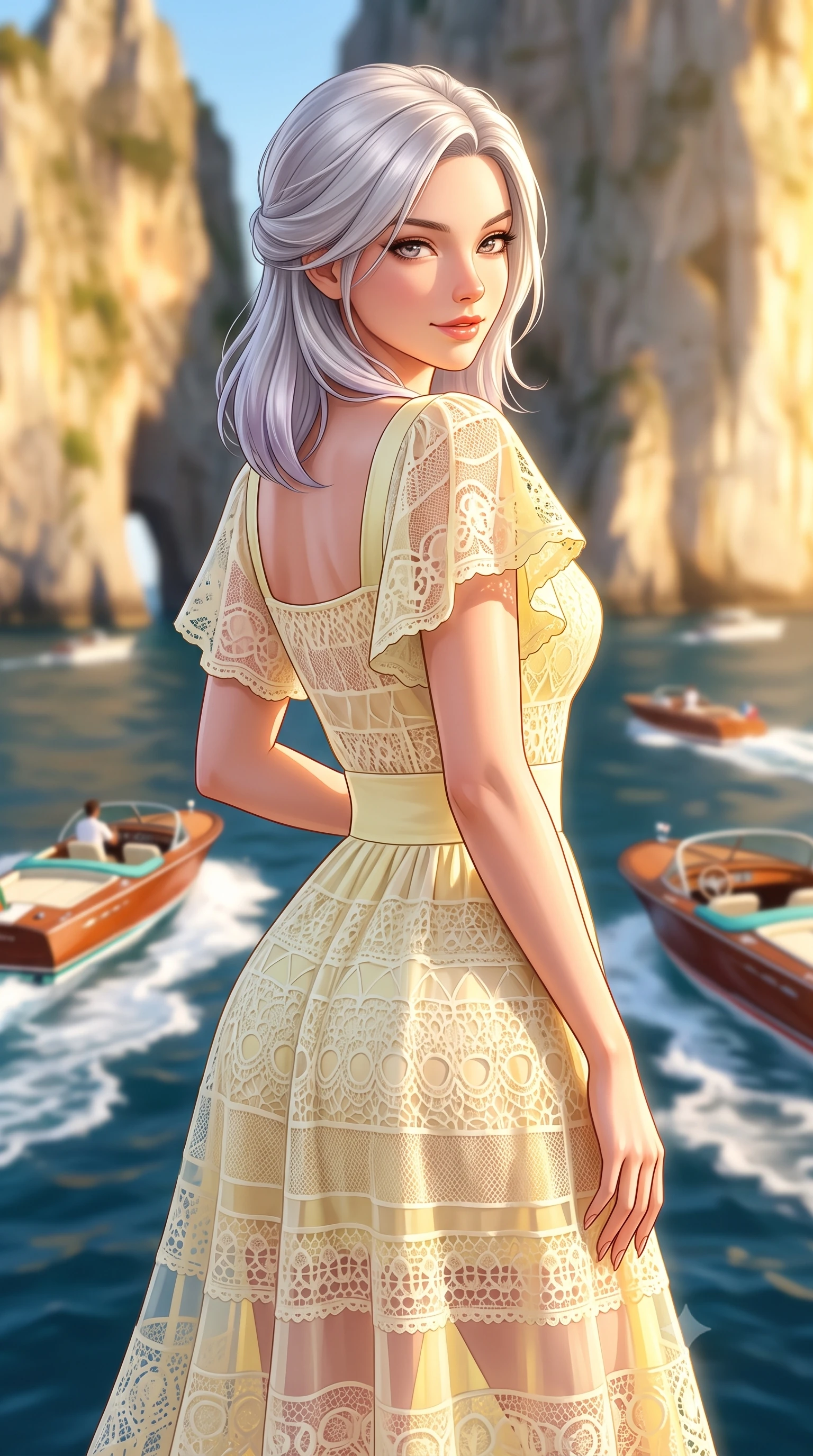 score_9, masterpiece, best quality, ultra-detailed, high-budget anime keyframe, semi-realistic 3D game render, editorial fashion photography, tasteful artistic composition, Caucasian woman. close-up cowboy shot from the waist and thighs up, the character dominates the composition, filling the frame with her large presence. posing in an alluring rear three-quarter angle, turning over a bare shoulder with an intoxicating sunlit gaze, her hips cocked back to highlight her slim hourglass curve while twisting her slender torso in an alluring contrapposto stance, her bodycon knit resort dress tracing her narrow waist and curvy hips. The composition keeps background elements in soft focus with dreamy creamy bokeh. luxury wooden speedboats leaving white wakes across the evening bay softened in iconic Amalfi shallow focus. She has an exceptionally elegant, slender, and willowy female figure with an ultra-slim waist, flat toned midriff, narrow ribcage, and sculpted feminine hips creating an alluring, slim hourglass silhouette without bulk. sharp v-shaped jawline, high-bridge nose, sparkling amber-hazel eyes with depth, long lush eyelashes, glossy sun-kissed lips with a warm coral glaze, radiant teasing smile with sensual sunlit bedroom-eyes, exuding effortless old-money elegance and intoxicating sun-drenched allure, flawlessly proportioned anatomical accuracy, strict slender model proportions, natural body alignment, perfectly sculpted long slender limbs, ultra-slim waistline, clean dynamic posture without body distortion. wearing a sheer crochet lace maxi dress layered over a matching silk slip, accentuating her narrow waist and rounded hips in pastel limoncello yellow and vanilla cream, tailored from crisp cotton poplin with clean structural architectural lines, featuring elegant flutter sleeves and a graceful square neckline, the high-waisted tailoring accentuating her ultra-slim waistline and the enchanting curve of her feminine hips with alluring sunlit charm. bathed in luminous golden hour sunlight reflecting off the vertical cliff walls. highly saturated vibrant anime colors, detailed shading with soft gradients, rich glossy textures, high-contrast stereoscopic depth, volumetric dynamic lighting, master piece, 9:16 ratio