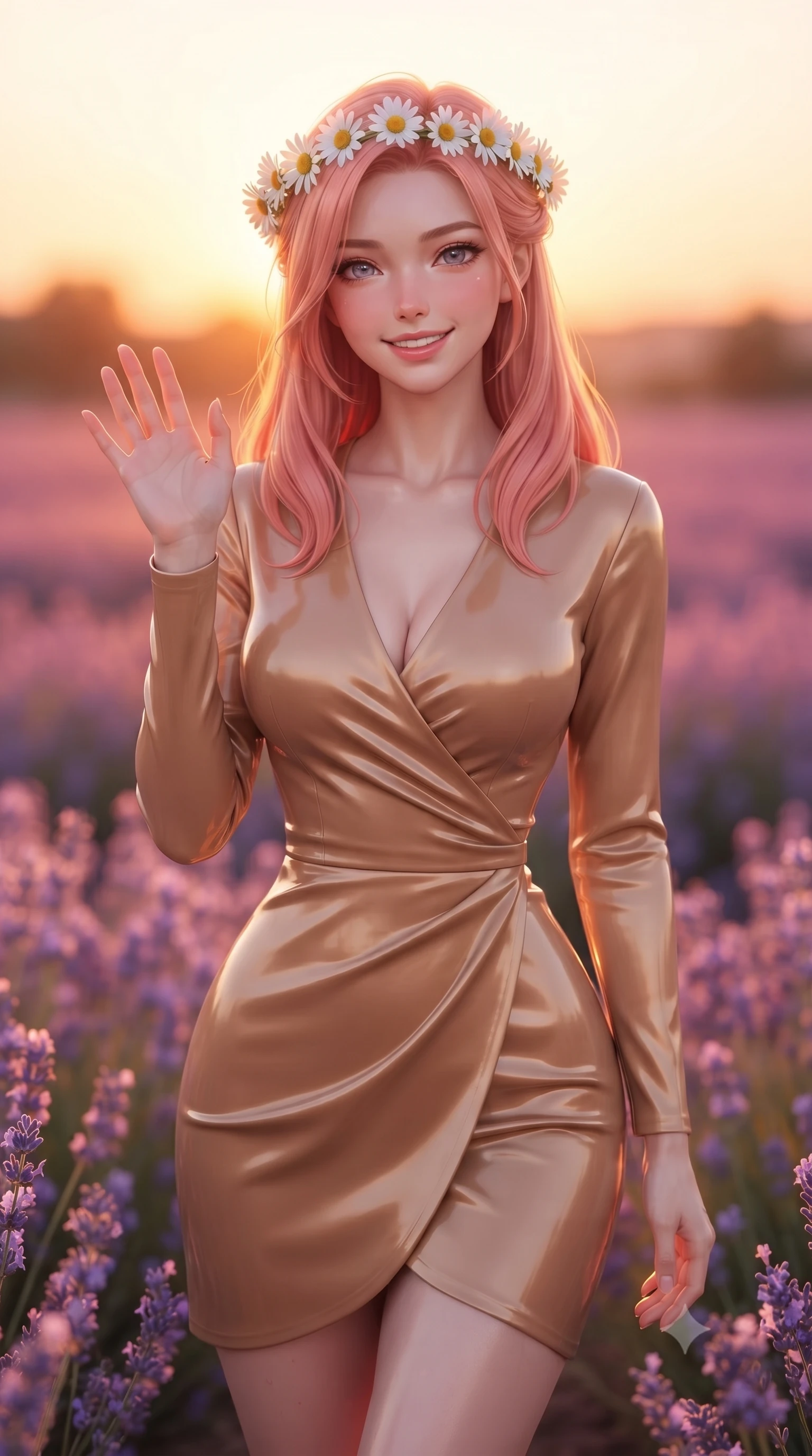 score_9, masterpiece, best quality, ultra-detailed, high-budget anime keyframe, editorial fashion photography, tasteful artistic composition, Japanese woman. close-up cowboy shot from the waist and thighs up, the character dominates the composition, filling the frame with her large presence, background elements kept in soft focus. flashing a sweet, beaming smile while waving one hand gently toward the camera set against a soft-focus background of surrounded by a beautiful purple meadow of blooming wild lavender holding a delicate crown of daisies on her head, smiling cutely. She has an exceptionally elegant, slender, and willowy female figure with an ultra-slim waist, a gracefully sculpted slender torso, and a refined silhouette. sharp v-shaped jawline, high-bridge nose, intricate jewel-like eyes with depth, thick eyelashes, glossy lips with a natural sheen. wearing tailored form-contouring silk wrap dress in camel, outlining her slender waist. golden hour sunset light casting a warm, romantic orange glow over the field. ultra-reflective glossy finish, specular highlights, metallic sheen, high-contrast stereoscopic depth, volumetric dynamic lighting, 2k, ultra detail, master piece, 9:16 ratio