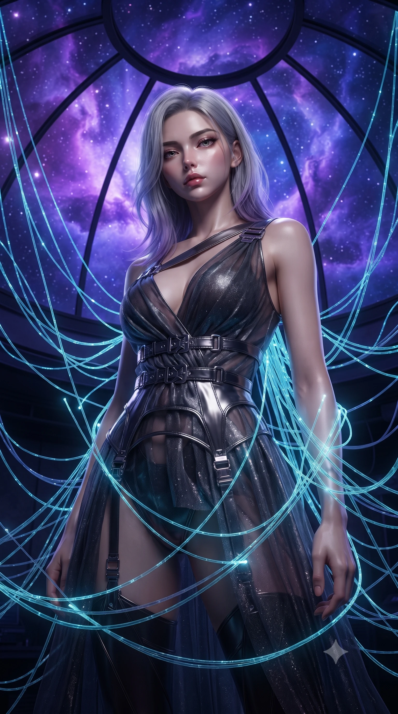 score_9, masterpiece, best quality, ultra-detailed, High-budget Anime Keyframe, editorial fashion photography, tasteful artistic composition, realistic cosplay photography, Caucasian woman, strictly human ears. Low angle cowboy shot filling the entire 9:16 frame with her statuesque presence. Scenario 363: tangled in a web of glowing cyan fiber-optic cables inside a high-altitude observatory dome under a swirling violet nebula. Her presence is magnetic and overpowering in this high-budget cinematic scene. Outfit 363: a tailored shimmering chiffon garter with a low-cut shoulder and metallic buckles. The clothing is designed to emphasize her exceptionally tall and slender 8-heads proportion. 8-heads proportion, towering silhouette, ultra-slim waist. sharp v-shaped jawline, intricate jewel-like eyes with depth, thick eyelashes, glossy lips. ultra-reflective glossy finish, specular highlights, metallic sheen, high-contrast stereoscopic depth, volumetric dynamic lighting, 2k, ultra detail, master piece, 9:16 ratio