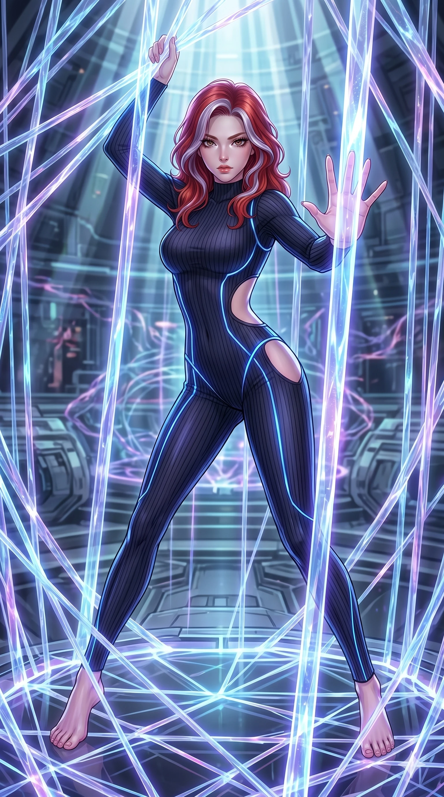 score_9, masterpiece, best quality, ultra-detailed, High-budget Anime Keyframe, East Asian woman. Dynamic full-body shot stretching the vertical silhouette to the limit. Scenario 2: Trapped in a cage of glowing crystalline fibers, body pressing against the bars. Her presence is magnetic and overpowering in this high-budget anime scene. Outfit 2: A ribbed bodycon knit second with a strategic side cut-outs and glowing LED seams. The clothing is designed to emphasize her exceptionally tall and slender 8-heads proportion. 8-heads proportion, towering silhouette, ultra-slim waist. sharp v-shaped jawline, intricate jewel-like eyes with depth, thick eyelashes, glossy lips. 2k, ultra detail, master piece, 9:16 ratio
