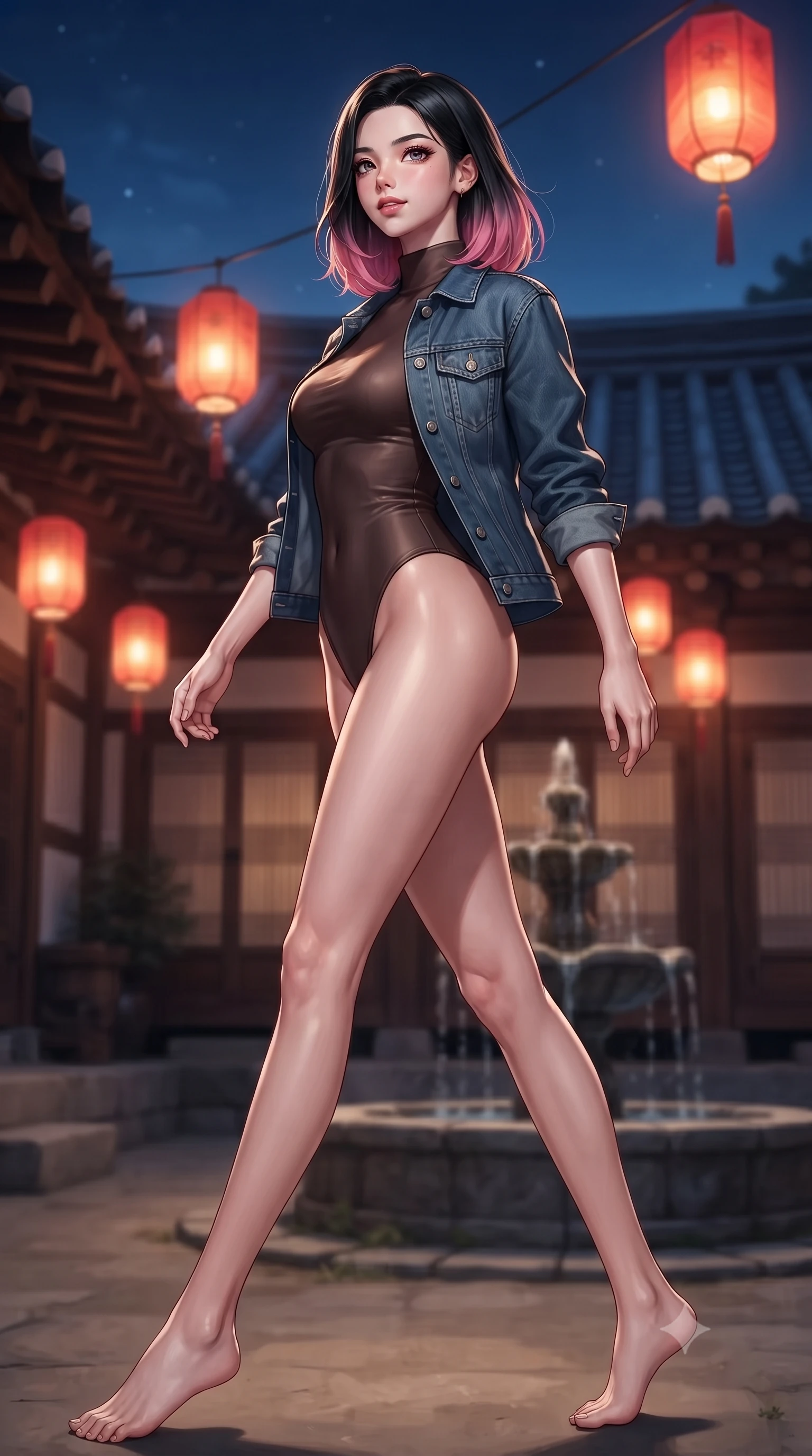 score_9, masterpiece, best quality, ultra-detailed, high-budget anime keyframe, editorial fashion photography, tasteful artistic composition, Korean woman. low angle full-body shot from head to toe showing her feet, filling the entire 9:16 vertical frame with her statuesque presence, stretching her vertical silhouette. stepping gracefully while looking back over her shoulder, her dress draped tightly to reveal her silhouette the background shows a soft-focus a traditional inn courtyard with hanging red lanterns and a stone fountain. She has an absolutely perfect, statuesque 8.5-heads proportion, an exceptionally tall and slender model-like female figure with impossibly long slender legs and an ultra-slim waist. sharp v-shaped jawline, high-bridge nose, intricate jewel-like eyes with depth, thick eyelashes, glossy lips with a natural sheen. wearing a slim-fit form-contouring high-neck bodysuit in dark brown, worn under a tailored open denim jacket. warm amber lantern light contrasting with the cool blue midnight sky. ultra-reflective glossy finish, specular highlights, metallic sheen, high-contrast stereoscopic depth, volumetric dynamic lighting, 2k, ultra detail, master piece, 9:16 ratio