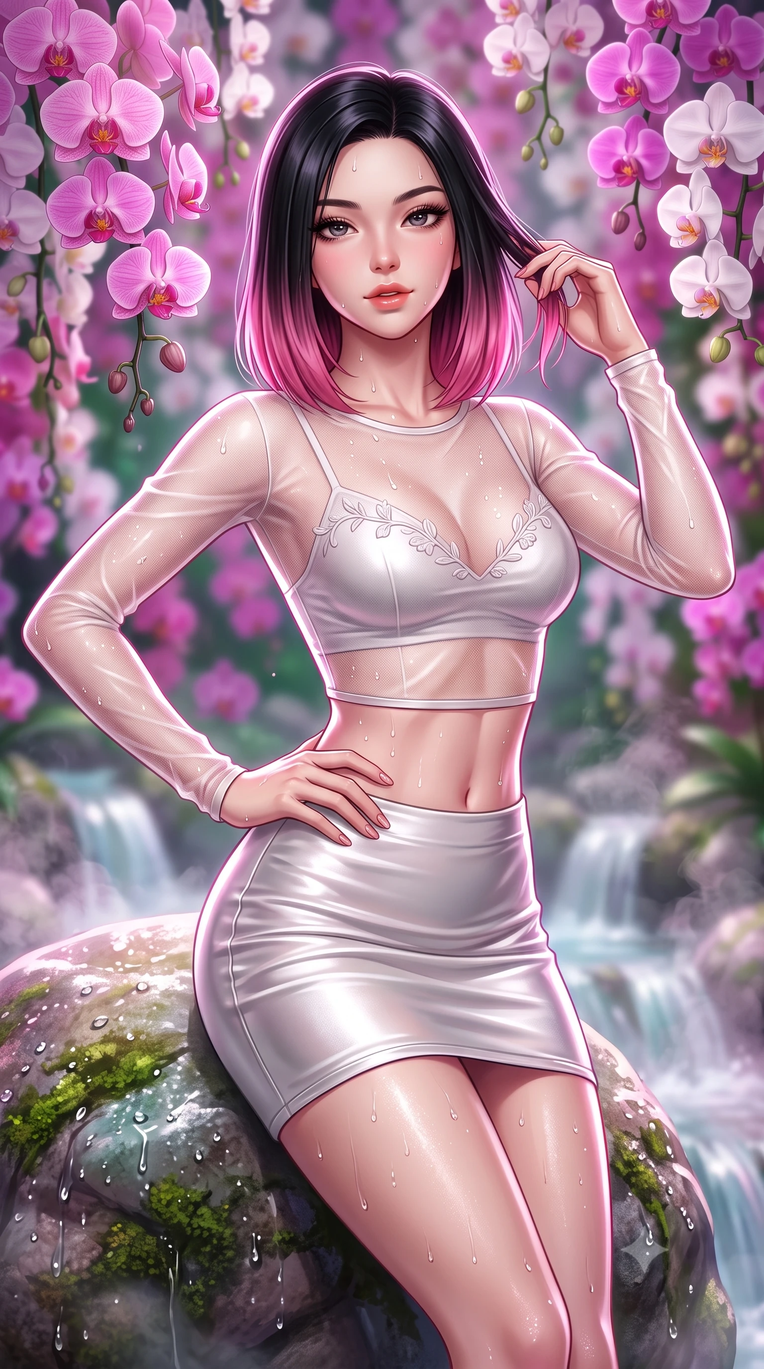 score_9, masterpiece, best quality, ultra-detailed, high-budget anime keyframe, semi-realistic 3D game render, editorial fashion photography, tasteful artistic composition, Korean woman. close-up cowboy shot from the waist and thighs up, the character dominates the composition, filling the frame with her large presence. twisting her slender torso in an alluring contrapposto stance, one hand resting on her sculpted hip while her fingers toy with her hair with effortless poise while leaning back against the smooth wet boulder with relaxed seductive grace, water droplets beading across her collarbones and limbs. The background shows a soft-focus hundreds of hanging pink, purple, and white phalaenopsis orchids, bubbling waterfalls, and rising steam blurred into magenta, emerald, and opal bokeh. She has an exceptionally elegant, slender, and willowy female figure with an ultra-slim waist, flat toned midriff, narrow ribcage, and sculpted feminine hips creating an alluring, slim hourglass silhouette without bulk. sharp v-shaped jawline, high-bridge nose, sparkling eyes with hypnotic seductive depth, thick curled eyelashes, glossy parted lips with a natural dewy peach sheen, alluring bedroom-eyes with an enchanting coquettish smile, exuding magnetic siren charisma and sophisticated glamour, flawlessly proportioned anatomical accuracy, strict slender model proportions, natural body alignment, perfectly sculpted long slender limbs, ultra-slim waistline, clean dynamic posture without body distortion. wearing a delicate sheer mesh long-sleeve crop top layered over an opaque strappy micro-bralette and tight metallic skirt in pure pearl alabaster with liquid platinum sheen, made of semi-opaque stretch illusion mesh with soft shadowy contours, finished with delicate floral vine embroidery tracing along her sweetheart neckline with intimate elegance, the second-skin tailored fabric adhering flawlessly to her sculpted flat midriff and slender torso, emphasizing her long leg lines and perfectly proportioned willowy build. illuminated by waterfall spray reflection fill and sharp platinum-magenta rim lights defining her delicate clavicles, narrow waist, and curvy hips. highly saturated vibrant anime colors, detailed shading with soft gradients, rich glossy textures, high-contrast stereoscopic depth, volumetric dynamic lighting, master piece, 9:16 ratio