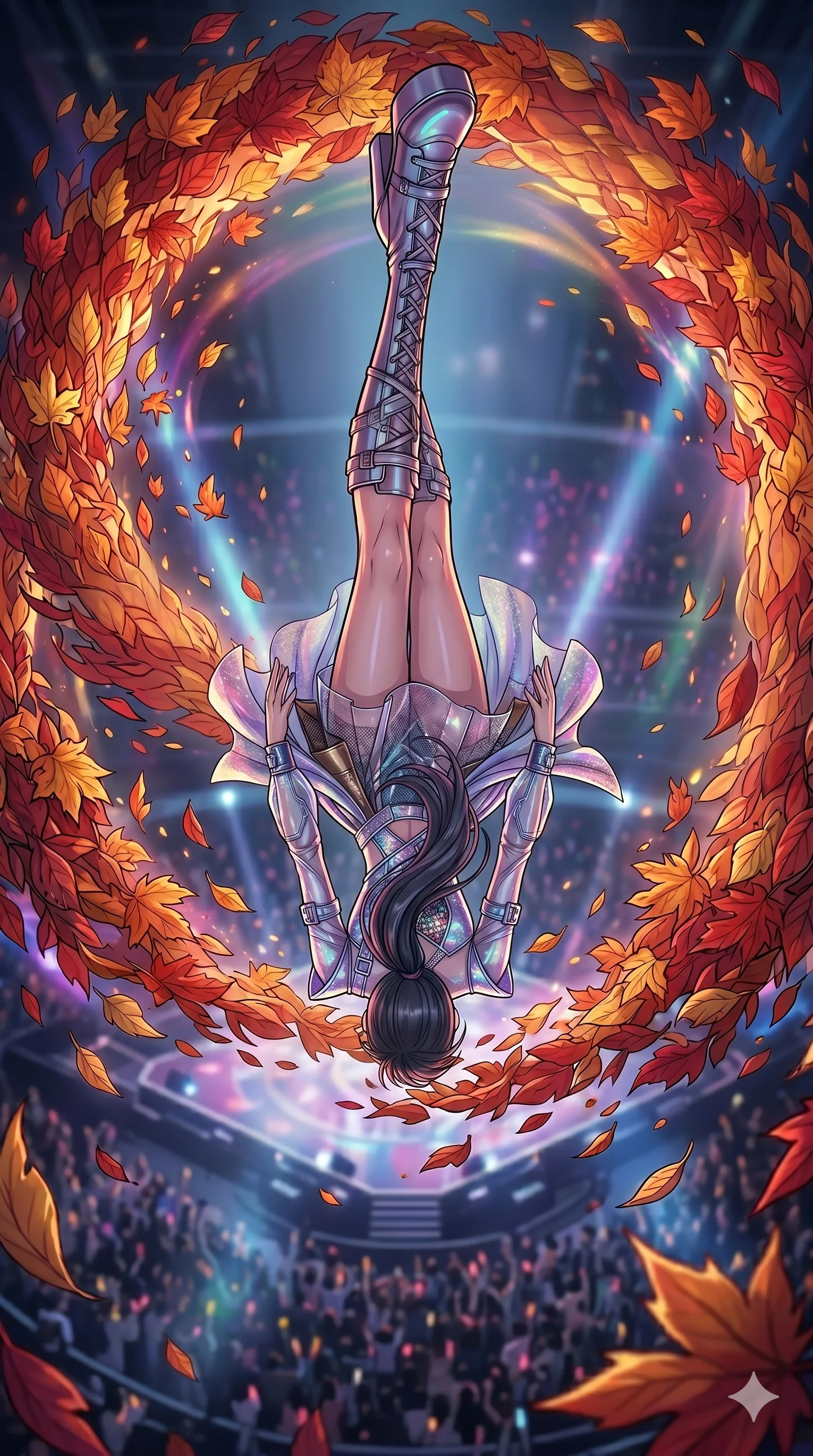 score_9, masterpiece, best quality, ultra-detailed, high-budget anime movie keyframe, cinematic anime lighting, intricate line art, Japanese woman. Extreme high angle shot as she leaps towards the camera, filling the frame. commanding a vortex of swirling autumn leaves to protect her. She has an graceful and slender female figure with elegant proportions. strictly human anatomy, two legs only, no extra limbs, clearly defined legs and arms, well-defined anatomy, perfect hands and fingers. sharp v-shaped jawline, high-bridge nose, intricate jewel-like eyes, thick eyelashes, glossy lips. Wearing K-Idol Stage: Dazzling K-Idol stage outfit with stylish layers, decorative accents, and high-fashion boots. The scene is illuminated by dramatic atmospheric lighting and vibrant color palettes. , 2k, ultra detail, master piece, 9:16 ratio