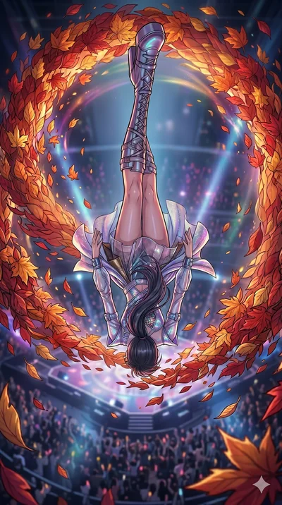 score_9, masterpiece, best quality, ultra-detailed, high-budget anime movie keyframe, cinematic anime lighting, intricate line art, Japanese woman. Extreme high angle shot as she leaps towards the camera, filling the frame. commanding a vortex of swi