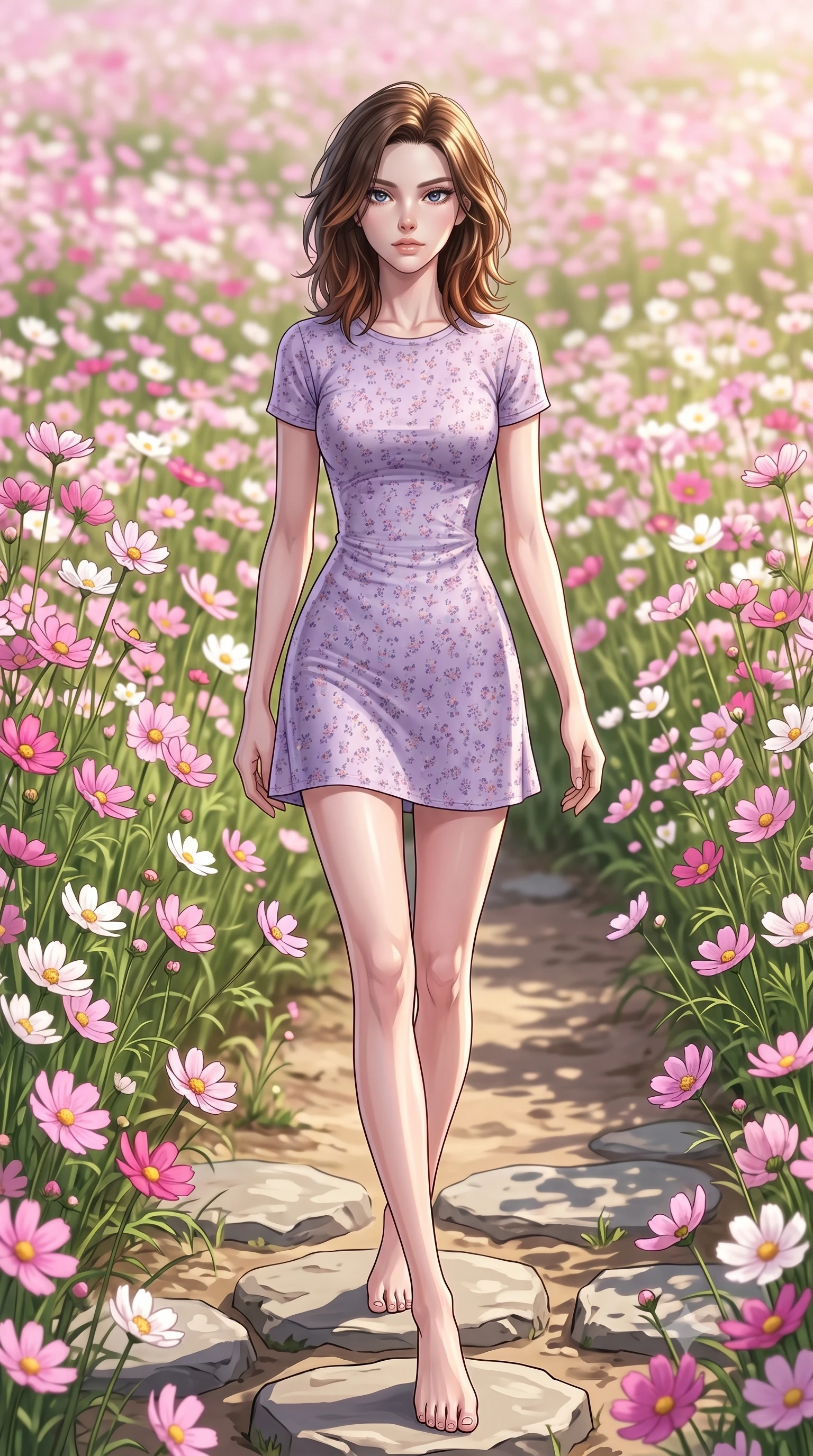 score_9, masterpiece, best quality, ultra-detailed, high-budget anime keyframe, editorial fashion photography, tasteful artistic composition, Korean woman woman. low angle full-body shot from head to toe showing her feet, filling the entire 9:16 vertical frame with her statuesque presence, stretching her vertical silhouette. stepping gracefully across a stone path in the garden the background shows a soft-focus a dirt path passing through a vast field of tall blooming pink and white cosmos flowers. She has an absolutely perfect, statuesque 8.5-heads proportion, an exceptionally tall and slender model-like female figure with impossibly long slender legs and an ultra-slim waist. sharp v-shaped jawline, high-bridge nose, intricate jewel-like eyes with depth, thick eyelashes, glossy lips with a natural sheen. wearing a slim-fit floral print summer dress in lavender cotton with a simple round neck. bright, direct afternoon sun rays casting cheerful highlights. 2k, ultra detail, master piece, 9:16 ratio