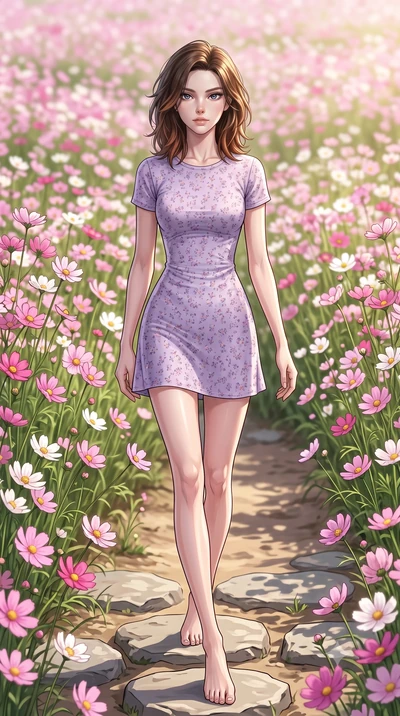 score_9, masterpiece, best quality, ultra-detailed, high-budget anime keyframe, editorial fashion photography, tasteful artistic composition, Korean woman woman. low angle full-body shot from head to toe showing her feet, filling the entire 9:16 vert