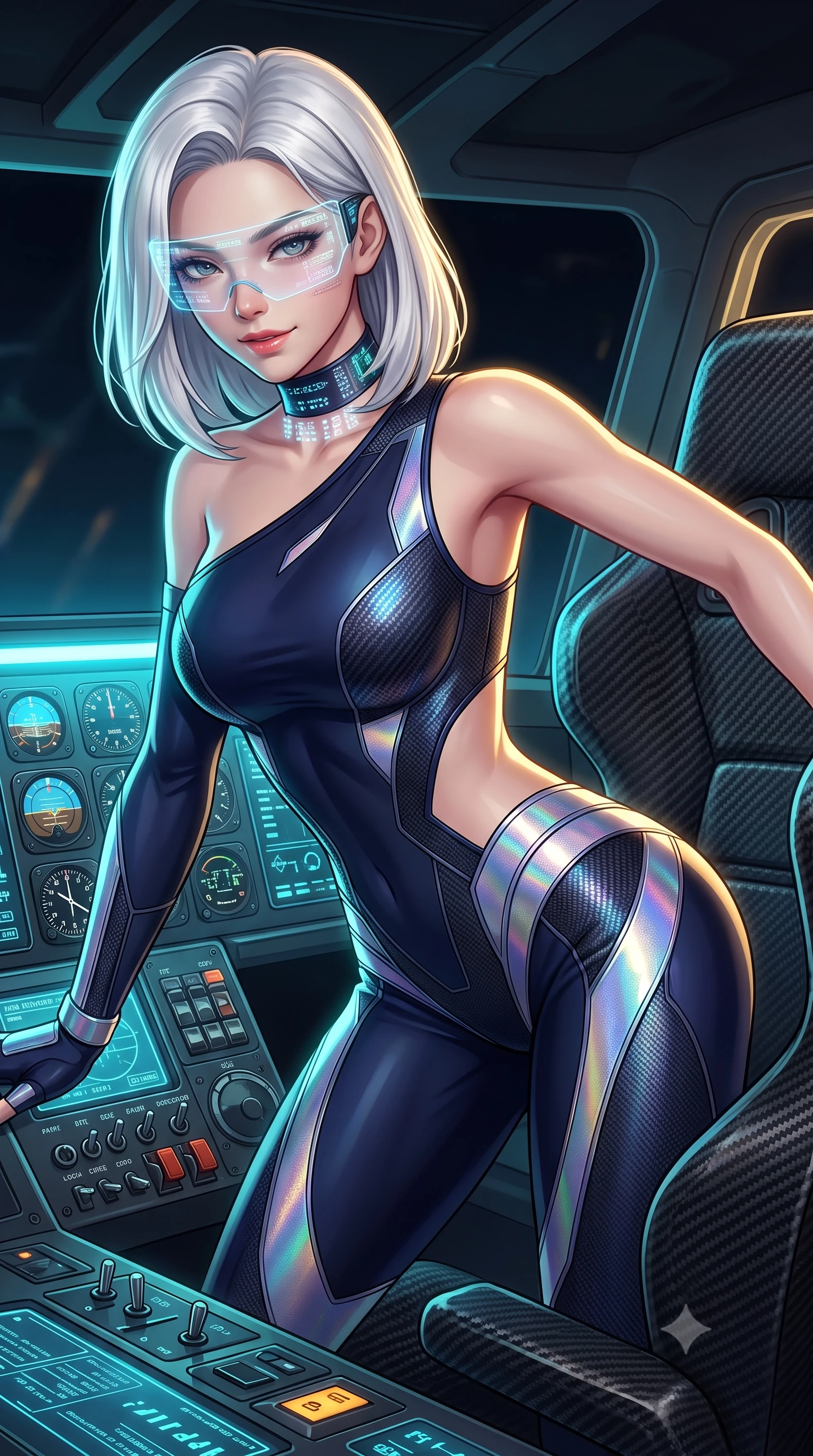 score_9, masterpiece, best quality, ultra-detailed, high-budget anime keyframe, semi-realistic 3D game render, editorial fashion photography, tasteful artistic composition, Korean woman. close-up cowboy shot from the waist and thighs up, the character dominates the composition, filling the frame with her large presence. leaning forward over the illuminated command console while arching her lower back to accentuate her curvy hips, looking into the camera with a confident smoldering smile and intense bedroom-eyes while standing poised between flight consoles with hips cocked back, looking into the lens with fearless bedroom-eyes through a holographic HUD visor. The surrounding environment is rendered in vivid detail and crisp panoramic clarity: sharp toggle switches, illuminated cockpit instrumentation dials, and carbon fiber flight seat weave in deep focus. She has an exceptionally elegant, slender, and willowy female figure with an ultra-slim waist, flat toned midriff, narrow ribcage, and sculpted feminine hips creating an alluring, slim hourglass silhouette without bulk. sharp v-shaped jawline, high-bridge nose, intricate jewel-like sparkling eyes with depth, thick eyelashes, glossy parted lips with a natural sheen, bright confident smile with an enchanting and coquettish sensual glint, exuding both youthful magnetic charm and sovereign high-tech allure, flawlessly proportioned anatomical accuracy, strict slender model proportions, natural body alignment, perfectly sculpted long slender limbs, ultra-slim waistline, clean dynamic posture without body distortion. wearing an asymmetric one-shoulder combat catsuit with carbon-weave paneling and an open-waist architecture emphasizing her hips in midnight navy blue and holographic iridescent shimmer, made of supple second-skin compression stretch jersey clinging flawlessly to her form, complemented by a high-tech holographic choker projecting miniature glyphs, the aerodynamic second-skin silhouette tightly following the natural contour of her hips and long slender legs with youthful 8.5-heads elegance. illuminated by instrument panel cyan bounce and sharp golden rim lights sculpting her sculpted collarbones, ultra-slim waist, and curvy hips. highly saturated vibrant anime colors, detailed shading with soft gradients, rich glossy textures, high-contrast stereoscopic depth, volumetric dynamic lighting, master piece, 9:16 ratio