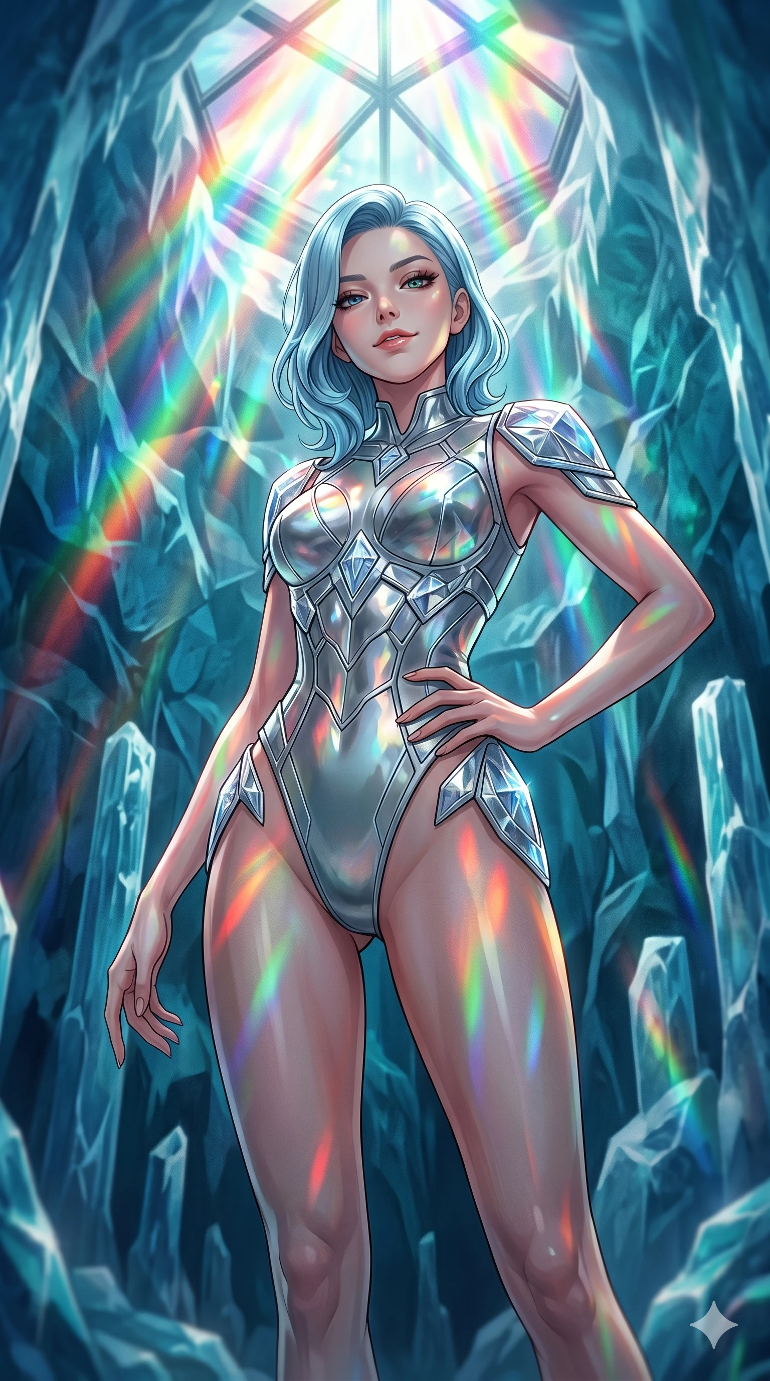 score_9, masterpiece, best quality, ultra-detailed, high-budget anime keyframe, editorial fashion photography, tasteful artistic composition, Korean woman. cowboy shot from the thighs up, character and outfit filling the frame for maximum editorial presence. tilting her chin up, looking down at the camera with a cool, self-assured smile in a glacier ice cathedral with rainbow light filtering through the ceiling (Code-P16-029). She has an absolutely perfect 8-heads proportion, an exceptionally tall and slender female figure with impossibly long slender legs and an ultra-slim waist. V-shaped jawline, high-bridge nose, intricate jewel-like eyes with depth, thick eyelashes, glossy lips with a natural sheen. wearing a silver metallic bodysuit with crystalline armor plates and high-cut leg lines. cascading rainbow prismatic light refracting through the ice, painting patterns on her body. 2k, ultra detail, master piece, 9:16 ratio