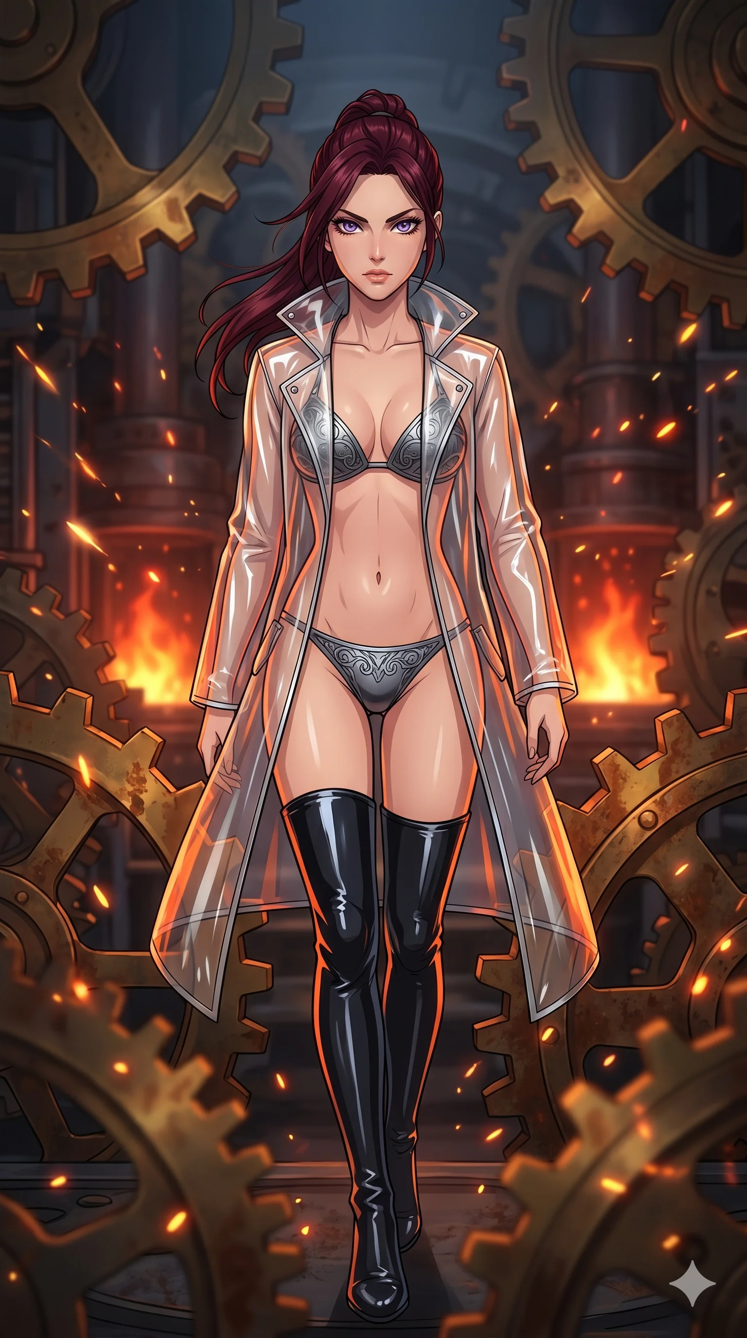 score_9, masterpiece, best quality, ultra-detailed, Set A: High-budget Anime Keyframe, Caucasian (strictly human ears) woman. Upper body close-up from the thighs up, character filling the screen for maximum presence. Walking gracefully through a throne of gears, with a look of intense determination reflecting the fires of 297 and surrounded by glowing energy sparks. She has an absolutely perfect 8-heads proportion, an exceptionally tall and slender female figure with impossibly long slender legs and an ultra-slim waist. Sharp v-shaped jawline, high-bridge nose, intricate jewel-like eyes with depth, thick eyelashes, glossy lips with a natural sheen. Wearing Transparent PVC raincoat over a metallic bikini and thigh-high patent boots. Cinematic lighting, vibrant colors, dramatic shadows, 2k, ultra detail, master piece, 9:16 ratio