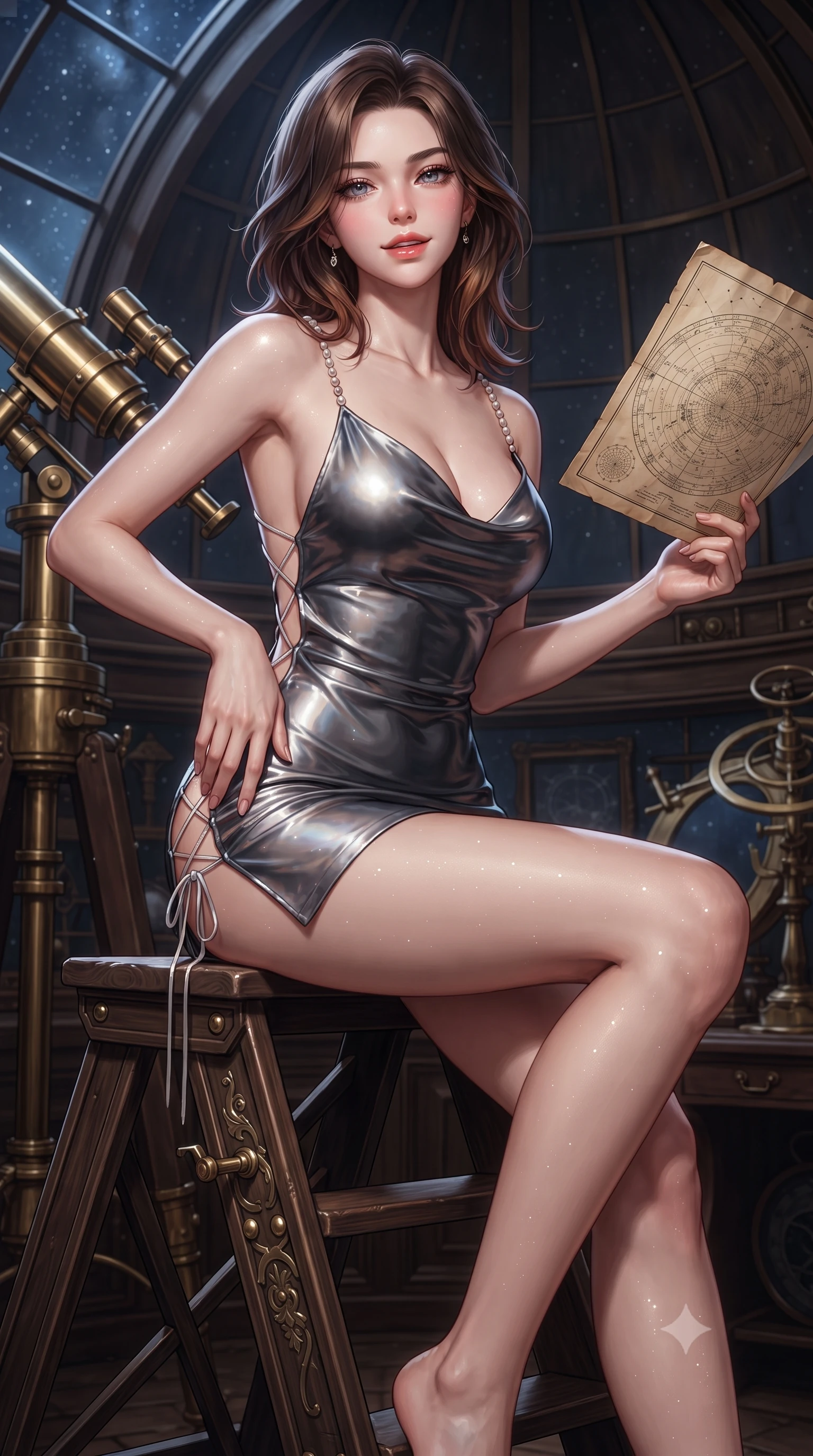 score_9, masterpiece, best quality, ultra-detailed, high-budget anime keyframe, editorial fashion photography, tasteful artistic composition, Korean woman. close-up cowboy shot from the waist and thighs up, the character dominates the composition, filling the frame with her large presence. tilting her head with a teasing half-smile, running one hand slowly down the side of her hip in a flirtatious S-curve as ambient light caresses her silhouette while sitting perched on the observatory wooden ladder with legs crossed, holding an antique star chart with effortless sovereign charm. The surrounding environment is rendered in vivid detail and crisp panoramic clarity: detailed strappy velvet bodysuit texture, starlight glints on skin, and Victorian scientific craftsmanship in high resolution. She has an exceptionally elegant, slender, and willowy female figure with an ultra-slim waist, flat toned midriff, narrow ribcage, and sculpted feminine hips creating an alluring, slim hourglass silhouette without bulk. sharp v-shaped jawline, high-bridge nose, sparkling eyes with hypnotic seductive depth, thick curled eyelashes, glossy parted lips with a natural dewy peach sheen, alluring bedroom-eyes with an enchanting coquettish smile, exuding magnetic siren charisma and sophisticated glamour, flawlessly proportioned anatomical accuracy, strict slender model proportions, natural body alignment, perfectly sculpted long slender limbs, ultra-slim waistline, clean dynamic posture without body distortion. wearing a low-cut draped cowl-back satin slip mini dress with dainty pearl spaghetti straps and hip-hugging silhouette in molten liquid silver and midnight charcoal with platinum highlights, crafted from wet-look high-gloss vinyl fabric with dazzling specular surface reflections, finished with fine criss-cross lace-up side ties revealing tantalizing glimpses of her hip curve, the form-contouring silhouette accentuating her sculpted flat midriff, narrow delicate ribcage, and gracefully curvy hips with intoxicating allure. illuminated by brass tube specular highlights and sharp cyan-magenta rim lights defining her delicate clavicles, ultra-slim waist, and curvy hips. ultra-reflective glossy finish, specular highlights, rich textural contrasts, high-contrast stereoscopic depth, volumetric dynamic lighting, 2k, ultra detail, master piece, 9:16 ratio