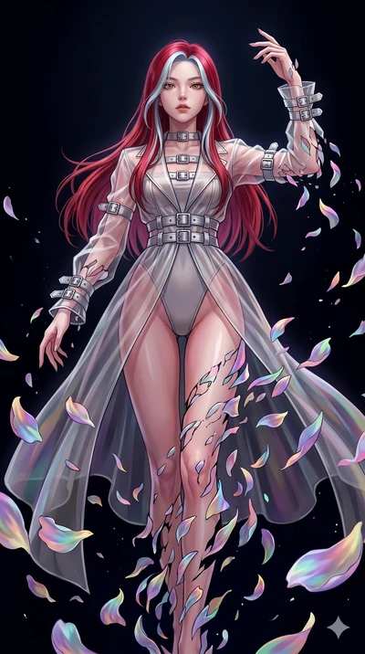 score_9, masterpiece, best quality, ultra-detailed, High-budget Anime Keyframe, East Asian woman. Low angle cowboy shot filling the entire 9:16 frame with her statuesque presence. Scenario 1: Dissolving into a cloud of iridescent silk petals in a voi