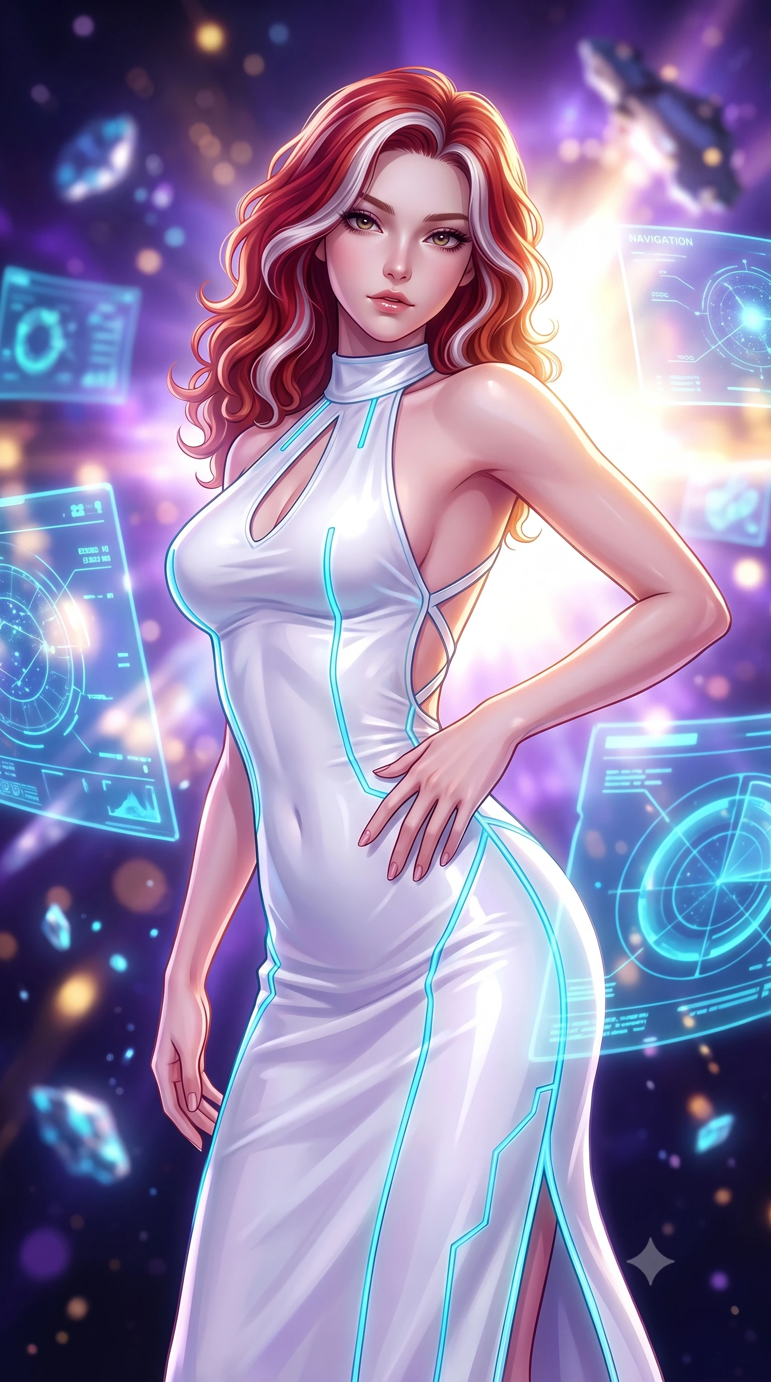score_9, masterpiece, best quality, ultra-detailed, high-budget anime keyframe, semi-realistic 3D game render, editorial fashion photography, tasteful artistic composition, Caucasian woman. close-up cowboy shot from the waist and thighs up, the character dominates the composition, filling the frame with her large presence. twisting her upper body in a dynamic S-curve with an alluring smolder, one hand trailing along her slender waist while pivoting in zero-gravity amidst floating holographic navigation charts and glowing celestial debris. The composition keeps background elements in soft focus with creamy bokeh. blazing supernova shockwaves and floating starship debris blurred into brilliant violet and gold bokeh. She has an exceptionally elegant, slender, and willowy female figure with an ultra-slim waist, a gracefully sculpted slender torso, and a refined silhouette. sharp v-shaped jawline, high-bridge nose, intricate jewel-like eyes with depth, thick eyelashes, glossy lips with a natural sheen, flawlessly proportioned anatomical accuracy, natural body alignment, perfectly sculpted elegant limbs, clean dynamic posture without body distortion. wearing a velvet halter-neck midi dress fitting her statuesque contour flawlessly with a Tasteful chest slit and open spine in pure snow white latex and glowing cyan circuit seams, tailored from semi-translucent cybernetic vinyl with glowing micro-filaments, complemented by criss-cross back straps highlighting her completely bare spine, the liquid-tight fabric adhering flawlessly to her sculpted torso and slender silhouette. bathed in blinding white and gold supernova celestial radiance with deep cosmic purple shadows. highly saturated vibrant anime colors, detailed shading with soft gradients, rich glossy textures, high-contrast stereoscopic depth, volumetric dynamic lighting, master piece, 9:16 ratio