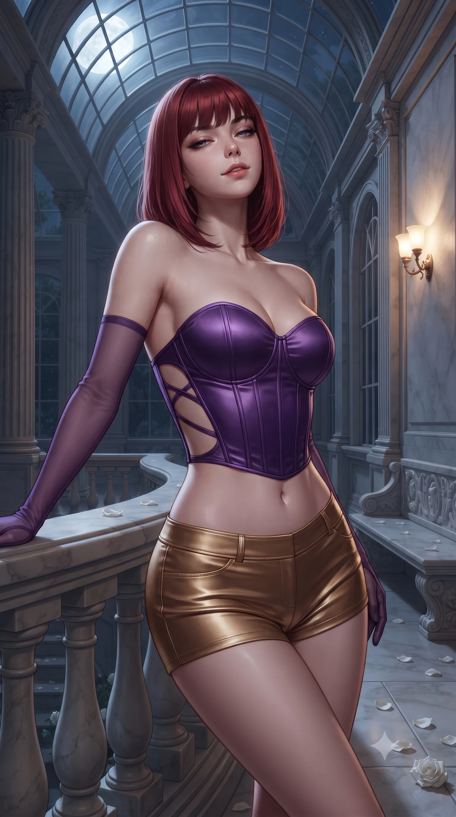 score_9, masterpiece, best quality, ultra-detailed, high-budget anime keyframe, editorial fashion photography, tasteful artistic composition, Caucasian woman. close-up cowboy shot from the waist and thighs up, the character dominates the composition, filling the frame with her large presence. leaning back against the balustrade with relaxed seductive grace, head tilted back slightly while casting a hypnotic, heavy-lidded gaze while standing framed inside the monumental glass-arched colonnade of the Orangery, arching her lower back to emphasize her curvy hips as night breezes drift from the gardens. The surrounding environment is rendered in vivid detail and crisp panoramic clarity: sharp fluted limestone column texture, carved marble bench reliefs, and delicate white rose petals in deep focus. She has an exceptionally elegant, slender, and willowy female figure with an ultra-slim waist, flat toned midriff, narrow ribcage, and sculpted feminine hips creating an alluring, slim hourglass silhouette without bulk. sharp v-shaped jawline, high-bridge nose, sparkling eyes with hypnotic seductive depth, thick curled eyelashes, glossy parted lips with a natural dewy peach sheen, alluring bedroom-eyes with an enchanting coquettish smile, exuding magnetic siren charisma and sophisticated glamour, flawlessly proportioned anatomical accuracy, strict slender model proportions, natural body alignment, perfectly sculpted long slender limbs, ultra-slim waistline, clean dynamic posture without body distortion. wearing a strapless boned satin corset bodice paired with low-waisted tailored satin hot-pants in royal amethyst purple and gilded bronze, woven from buttery-soft stretch lambskin leather adhering to her body like a second skin, complemented by sheer opera-length evening gloves tracing her slender arms, the precision-cut side openings and low-back scoop framing her graceful spine and the sensual sweep of her slim, toned hips. bathed in cool silver full moonlight pouring through soaring glass arches mixed with warm 2700K interior wall sconce glow. ultra-reflective glossy finish, specular highlights, rich textural contrasts, high-contrast stereoscopic depth, volumetric dynamic lighting, 2k, ultra detail, master piece, 9:16 ratio