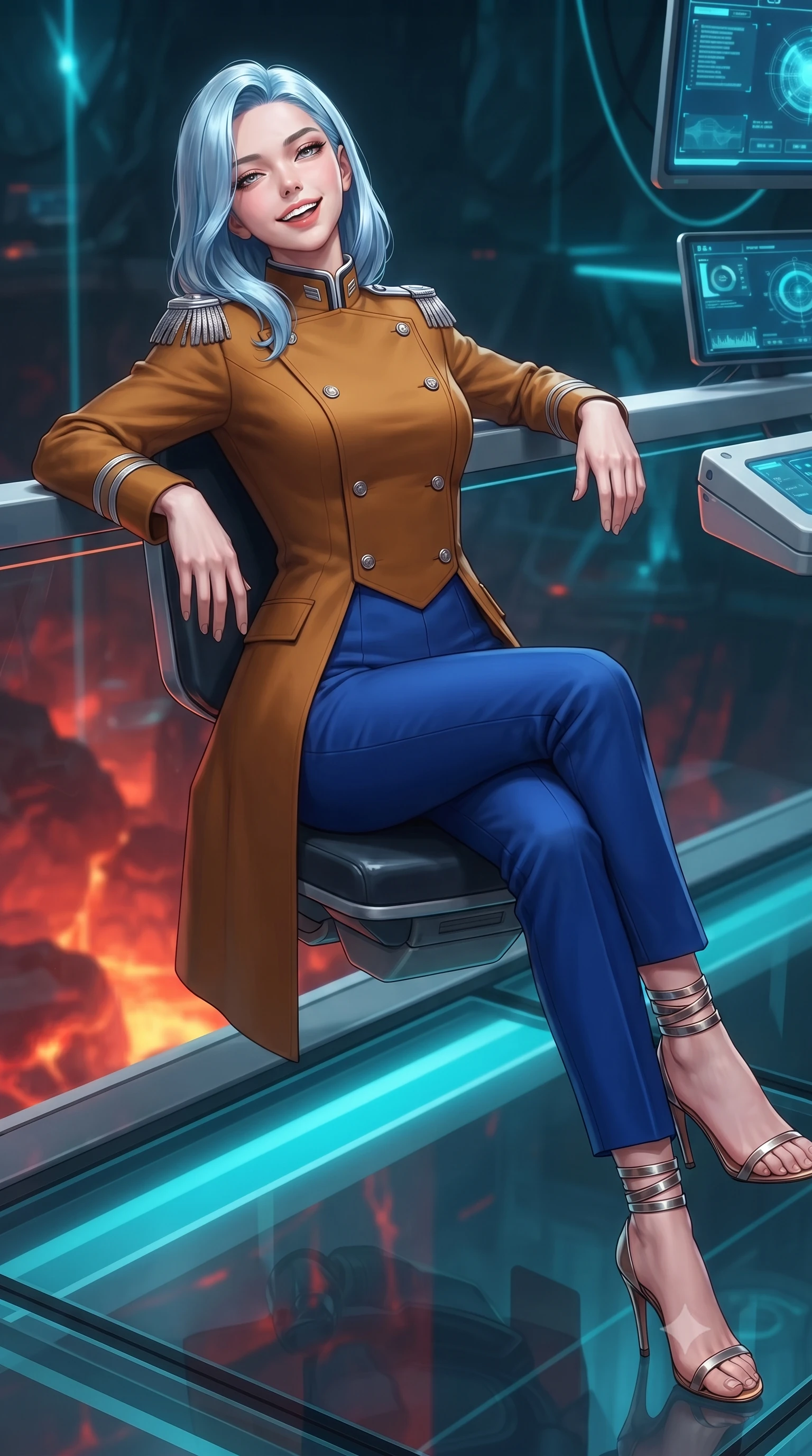 score_9, masterpiece, best quality, ultra-detailed, high-budget anime keyframe, editorial fashion photography, tasteful artistic composition, Korean woman. close-up cowboy shot from the waist and thighs up, the character dominates the composition, filling the frame with her large presence. leaning back against the balustrade with relaxed seductive grace, head tilted back slightly while casting a hypnotic, heavy-lidded gaze while sitting gracefully on the floating antigravity operator chair with legs crossed, her statuesque 8.5-heads silhouette commanding the geothermal abyss. The surrounding environment is rendered in vivid detail and crisp panoramic clarity: sharp seamless transparent armor-glass floor panels, superconducting laser emitter coils, and digital telemetry monitors in deep focus. She has an exceptionally elegant, slender, and willowy female figure with an ultra-slim waist, flat toned midriff, narrow ribcage, and sculpted feminine hips creating an alluring, slim hourglass silhouette without bulk. sharp v-shaped jawline, high-bridge nose, intricate jewel-like sparkling eyes with depth, thick eyelashes, glossy parted lips with a natural peach sheen, bright cheerful beaming smile with an enchanting and coquettish sensual glint, exuding both youthful cute charm and seductive allure, flawlessly proportioned anatomical accuracy, strict slender model proportions, natural body alignment, perfectly sculpted long slender limbs, ultra-slim waistline, clean dynamic posture without body distortion. wearing a tailored orbital navy officer dress uniform featuring a structured double-breasted coat with silver epaulets, high mandarin collar, and matching pressed slacks in Jovian storm amber and electric cobalt, crafted from bespoke double-faced cashmere with an exceptionally soft tactile finish, complemented by strappy stiletto sandals with metallic ankle wraps accentuating her slender calves, the bespoke structured tailoring following the natural line of her 8.5-heads silhouette with refined elegance. bathed in the dual illumination of searing 2200K subterranean magma radiance and cold 480nm cyan magnetic containment lasers. ultra-reflective glossy finish, specular highlights, rich textural contrasts, high-contrast stereoscopic depth, volumetric dynamic lighting, 2k, ultra detail, master piece, 9:16 ratio