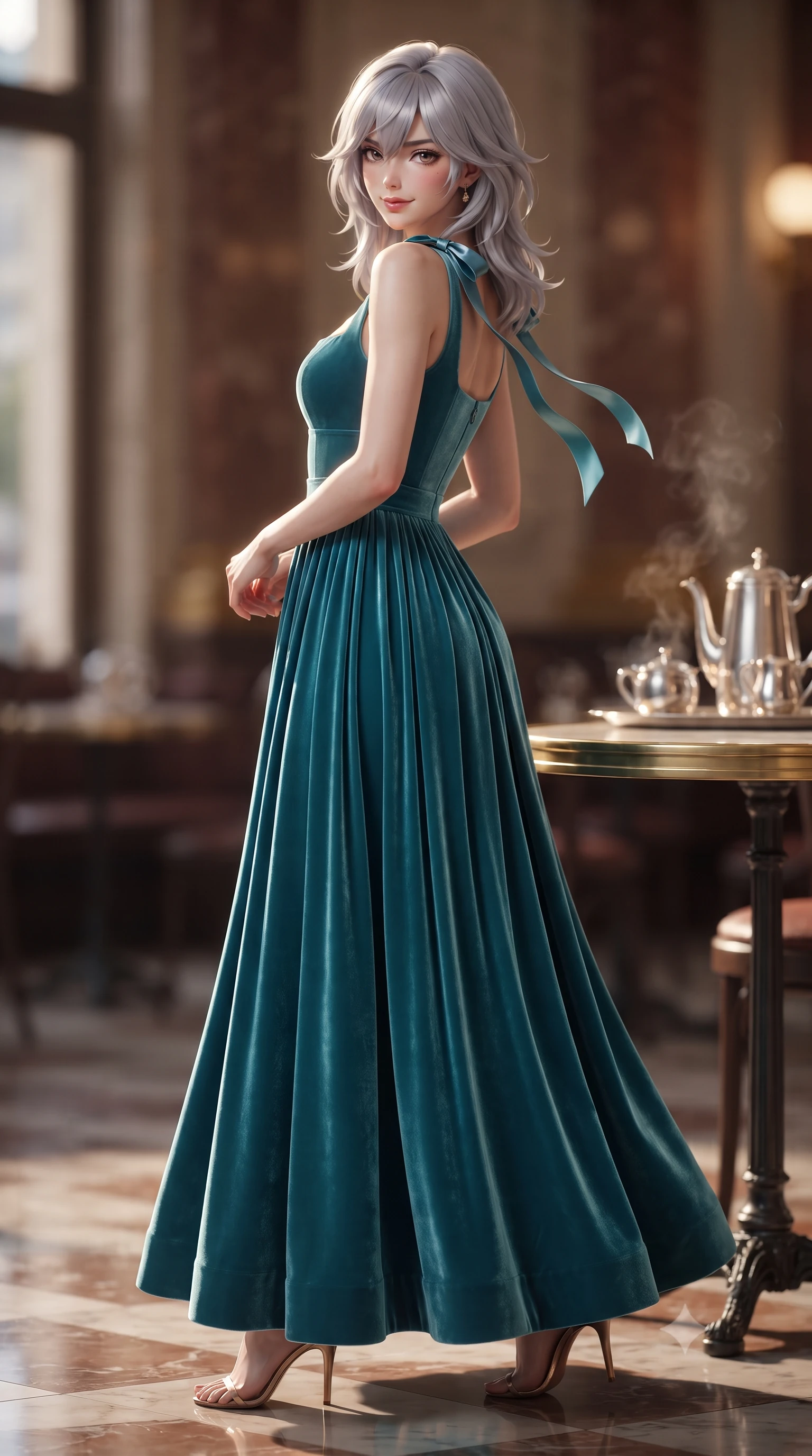 score_9, masterpiece, best quality, ultra-detailed, high-budget anime keyframe, editorial fashion photography, tasteful artistic composition, Japanese woman. low angle full-body shot from head to toe showing her feet, filling the entire 9:16 vertical frame with her statuesque presence, stretching her vertical silhouette. walking along the terrace with poise, looking back over her bare shoulder with an irresistible smoldering bedroom-gaze while twisting her slender torso in an alluring S-curve beside the round brass-rimmed Thonet table, warm globe lamp light tracing her curves and flat midriff. The background shows a soft-focus gentle rising steam from silver coffee services softened in historic Viennese grand café shallow focus. She has an exceptionally tall and slender model-like 8.5-heads proportion, an ultra-slim waist, a flat toned midriff, narrow delicate ribcage, and beautifully sculpted feminine hips creating a graceful, slim hourglass silhouette without any bulky heaviness, with impossibly long slender legs. sharp v-shaped jawline, high-bridge nose, intricate jewel-like sparkling eyes with depth, thick eyelashes, glossy parted lips with a natural peach sheen, bright cheerful beaming smile with an enchanting and coquettish sensual glint, exuding both youthful cute charm and seductive allure, flawlessly proportioned anatomical accuracy, strict slender model proportions, natural body alignment, perfectly sculpted long slender limbs, ultra-slim waistline, clean dynamic posture without body distortion. wearing a classical Habsburg empire-line pleated velvet evening gown with modest square neckline in Sentosa tropical coral reef teal and pure iridescent pearl, tailored from ultra-plush silk velvet with rich tactile depth and deep shadow gradients, finished with satin ribbon ties at the shoulders fluttering in the gentle breeze, the bespoke structured tailoring following the natural line of her 8.5-heads silhouette with refined elegance. illuminated by polished marble reflection fill and sharp copper-gold rim lights defining her razor-sharp jawline, narrow waist, and curvy hips. ultra-reflective glossy finish, specular highlights, rich textural contrasts, high-contrast stereoscopic depth, volumetric dynamic lighting, 2k, ultra detail, master piece, 9:16 ratio