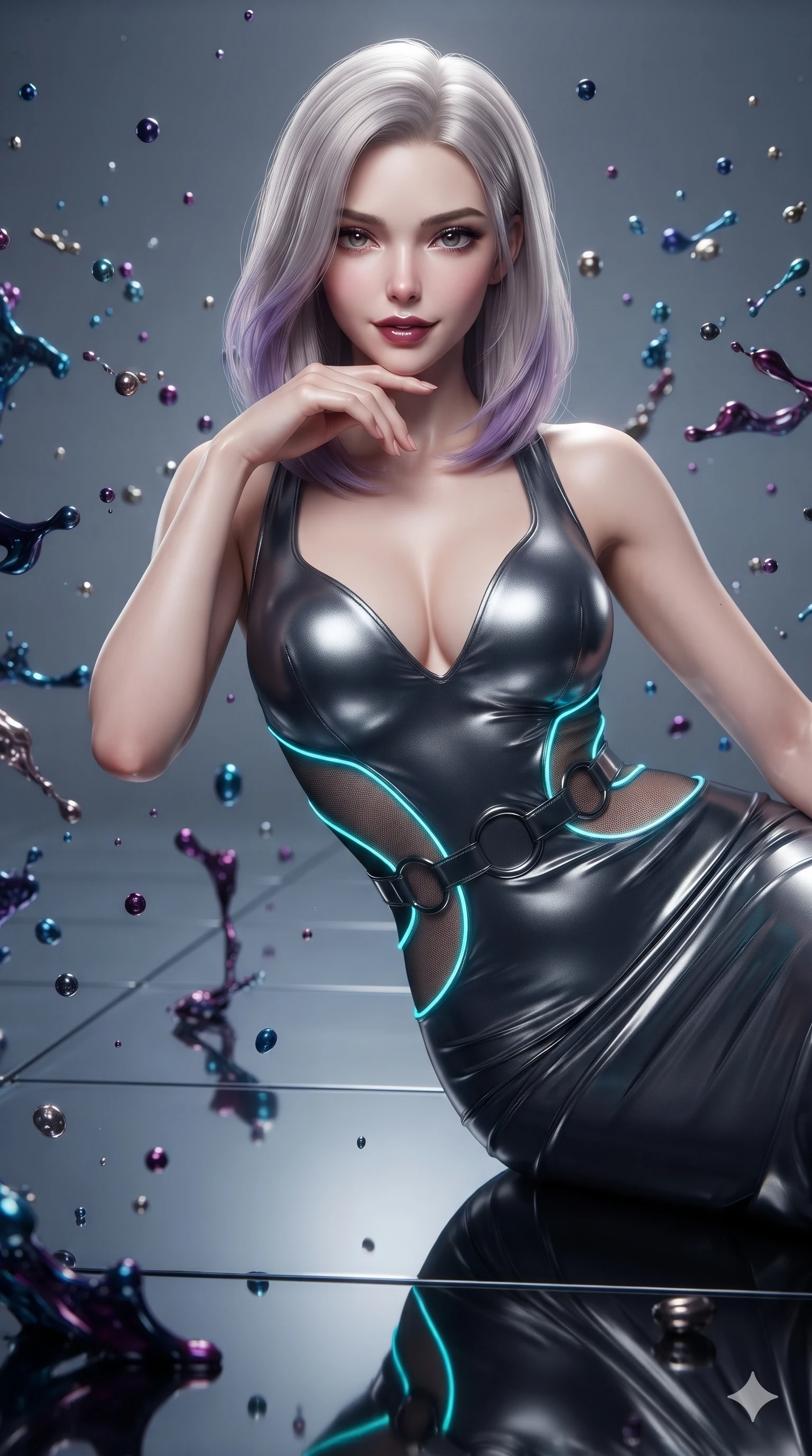 score_9, masterpiece, best quality, ultra-detailed, high-budget anime keyframe, editorial fashion photography, tasteful artistic composition, Caucasian woman. close-up cowboy shot from the waist and thighs up, the character dominates the composition, filling the frame with her large presence. resting her chin on the backs of her fingers with an air of effortless superiority and parted glossy lips while twisting her slender torso in an alluring contrapposto stance across the mirrored glass floor, dark glossy reflections contouring her waist and hips. The surrounding environment is rendered in vivid detail and crisp panoramic clarity: sharp reflective glass floor surface, frozen liquid paint splash droplets, and specular studio highlights in deep focus. She has an exceptionally elegant, slender, and willowy female figure with an ultra-slim waist, flat toned midriff, narrow ribcage, and sculpted feminine hips creating an alluring, slim hourglass silhouette without bulk. sharp v-shaped jawline, high-bridge nose, intricate jewel-like dark sparkling eyes with hypnotic seductive depth, thick curled eyelashes, glossy parted lips with a natural wine sheen, alluring bedroom-eyes with an enigmatic smoldering smile, exuding magnetic sovereign charisma and dark avant-garde glamour, flawlessly proportioned anatomical accuracy, strict slender model proportions, natural body alignment, perfectly sculpted long slender limbs, ultra-slim waistline, clean dynamic posture without body distortion. wearing an alluring plunging sweetheart bodice dress with sheer mesh side-waist cutouts contouring her ribs in neon cyan edge-glow and dark carbon black, made of liquid dark mercury jersey with seamless sculpting hold and fluid drape, trimmed with dark chrome ring hardware along the waist contours, the bespoke structured tailoring following the natural line of her 8.5-heads silhouette with refined elegance. illuminated by reflective glass floor bounce and sharp silver-mercury rim lights sculpting her razor-sharp jawline, narrow waist, and curvy hips. ultra-reflective glossy finish, specular highlights, metallic sheen, high-contrast stereoscopic depth, volumetric dynamic lighting, 2k, ultra detail, master piece, 9:16 ratio